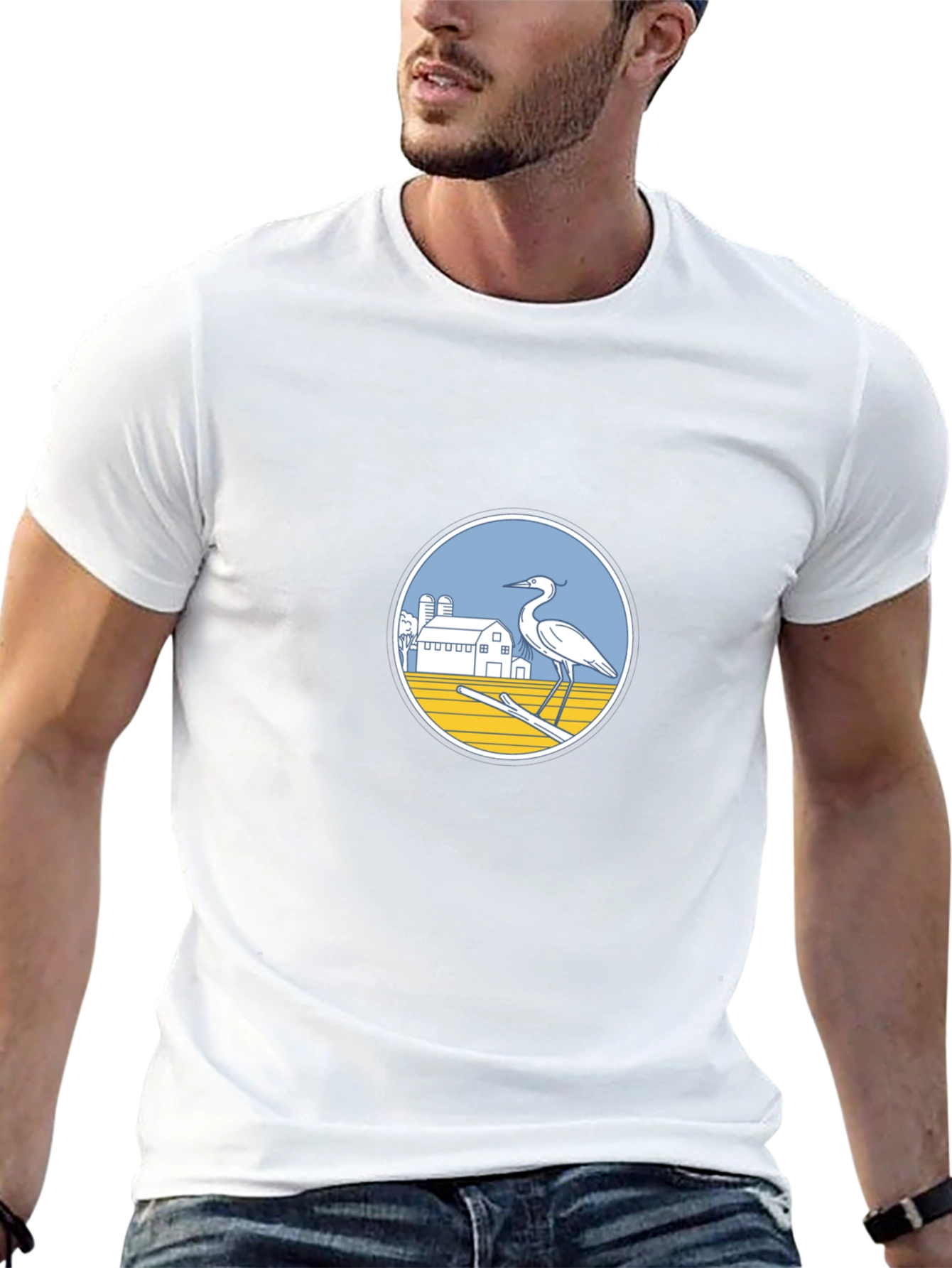 Black T-Shirt with Heron Farm Design