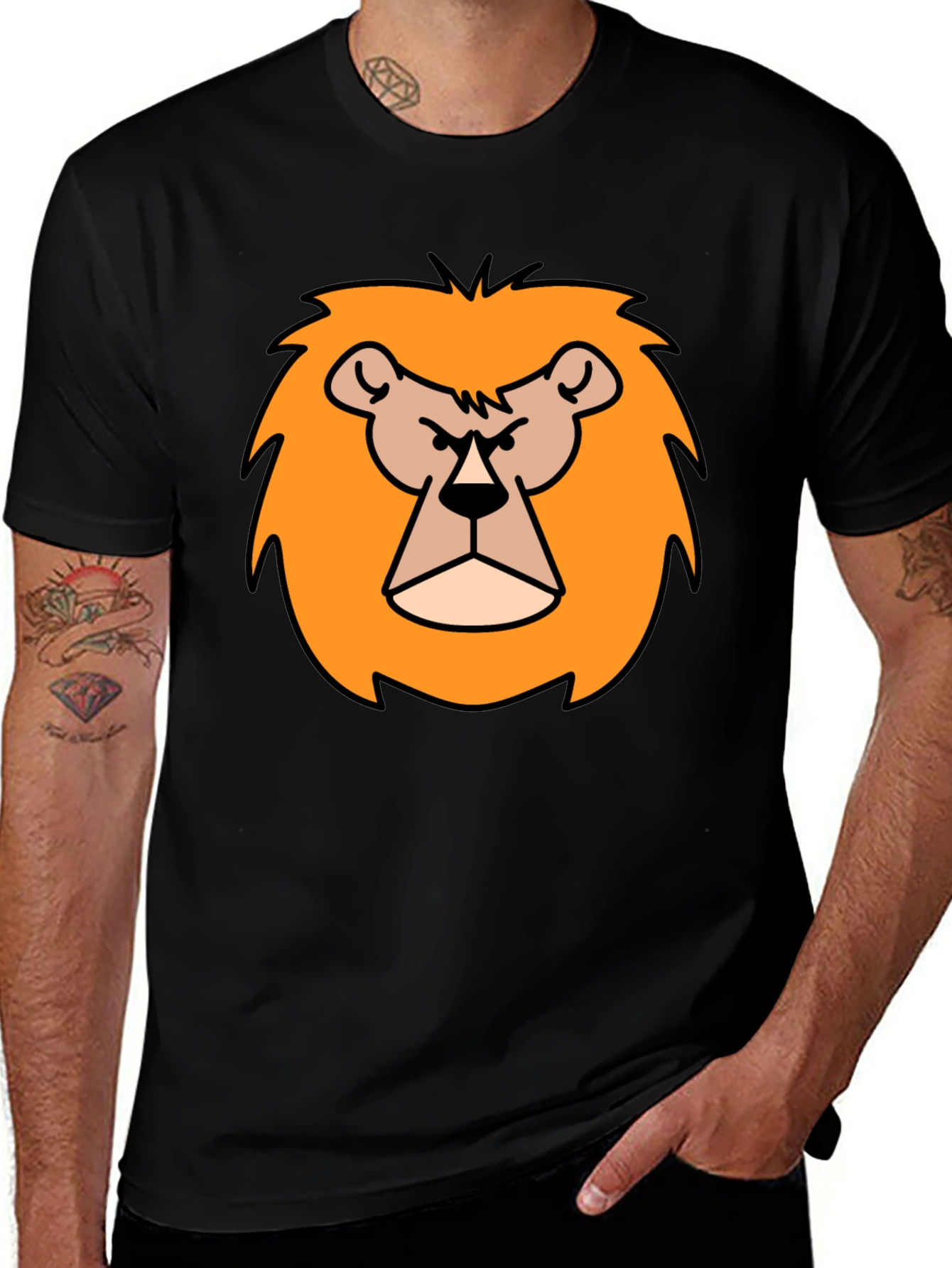Cartoon Lion Graphic Print Black T-Shirt