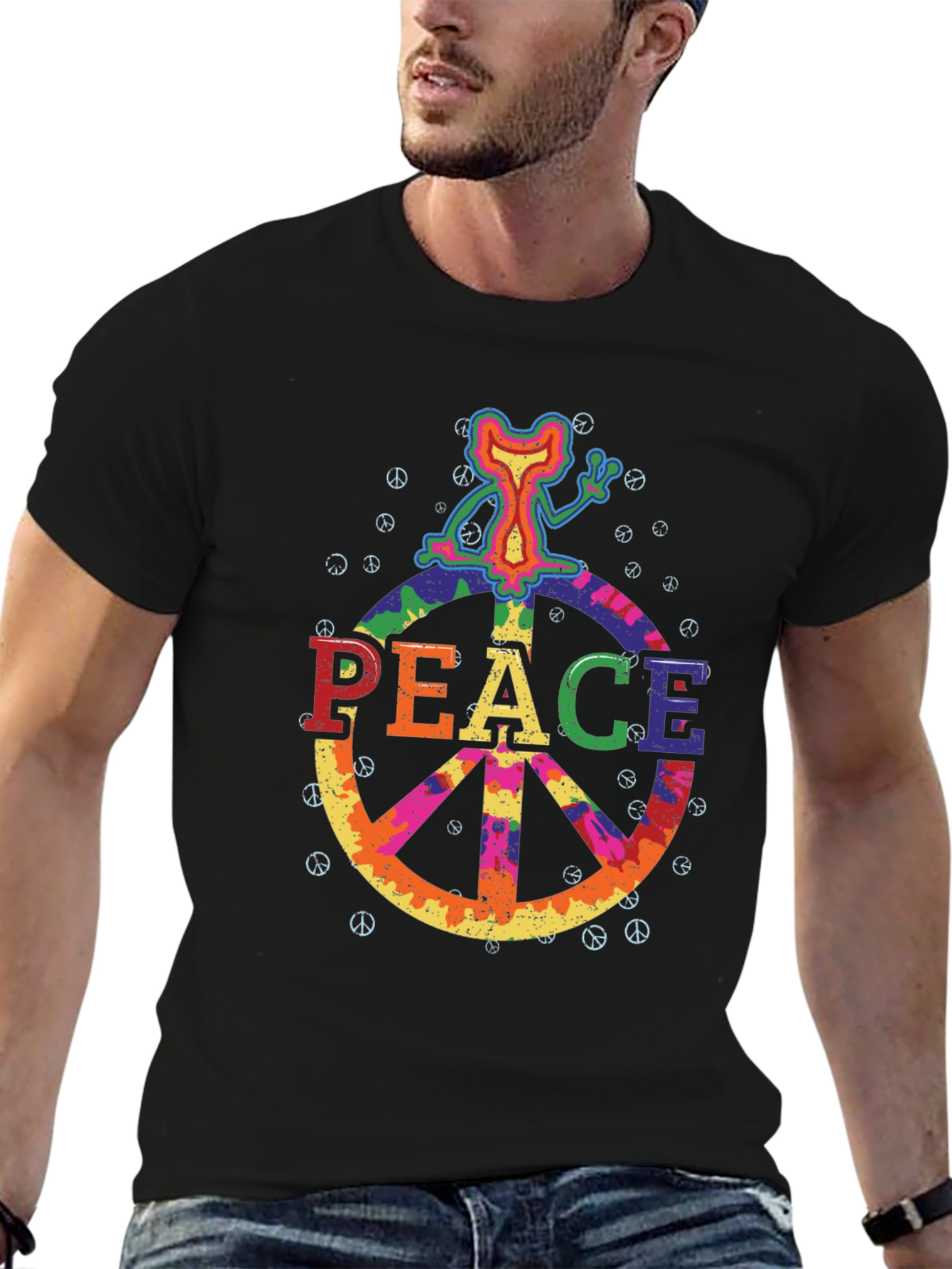 Retro Peace Sign Graphic Tee - Black Cotton T-Shirt