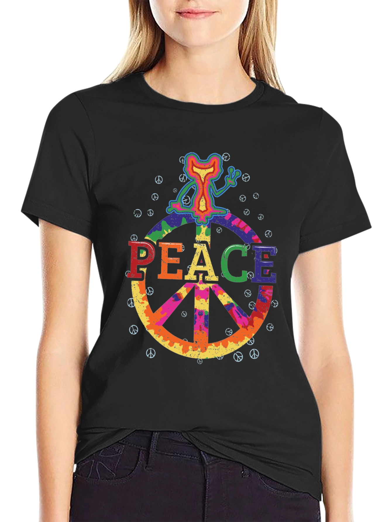 Retro Peace Sign Graphic Tee - Black Cotton T-Shirt