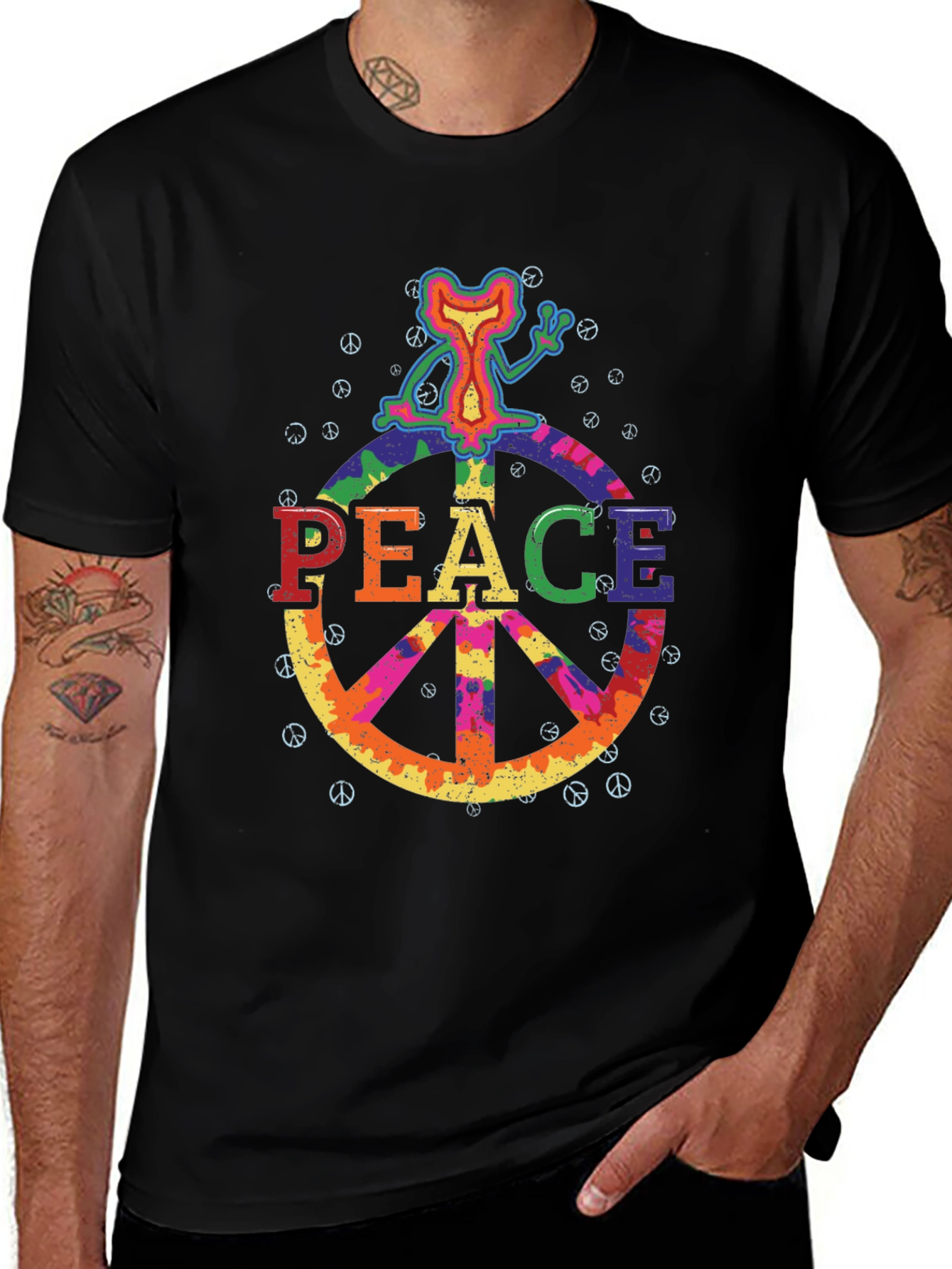 Retro Peace Sign Graphic Tee - Black Cotton T-Shirt