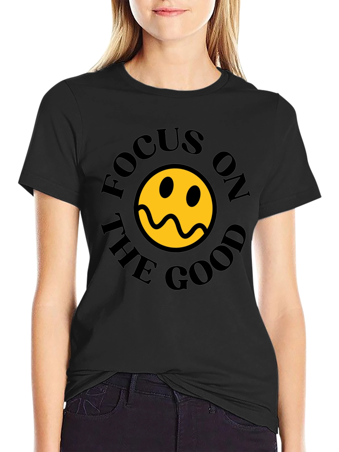 Focus On The Good Smiley Face Black T-Shirt