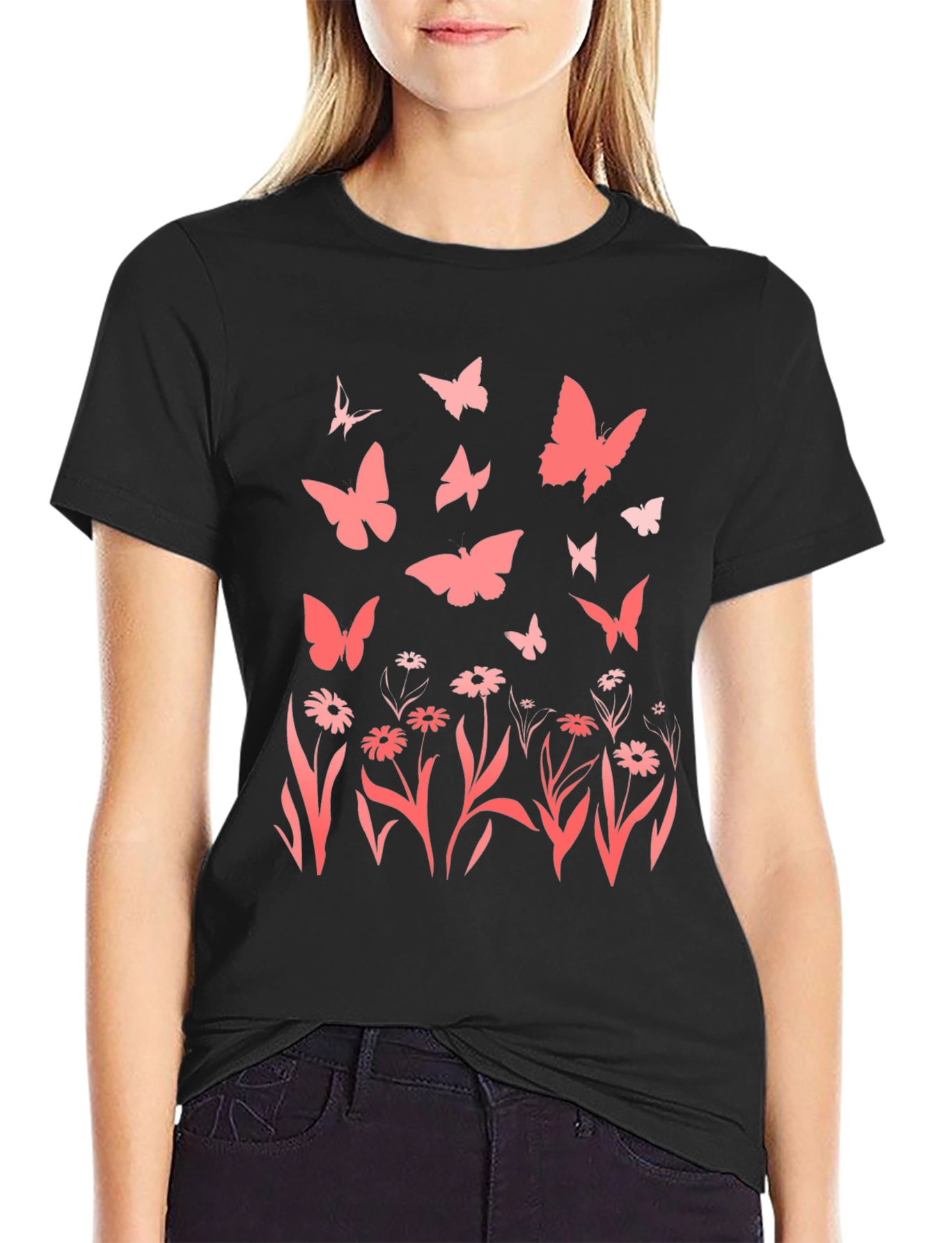 Butterfly & Floral Print Black T-Shirt