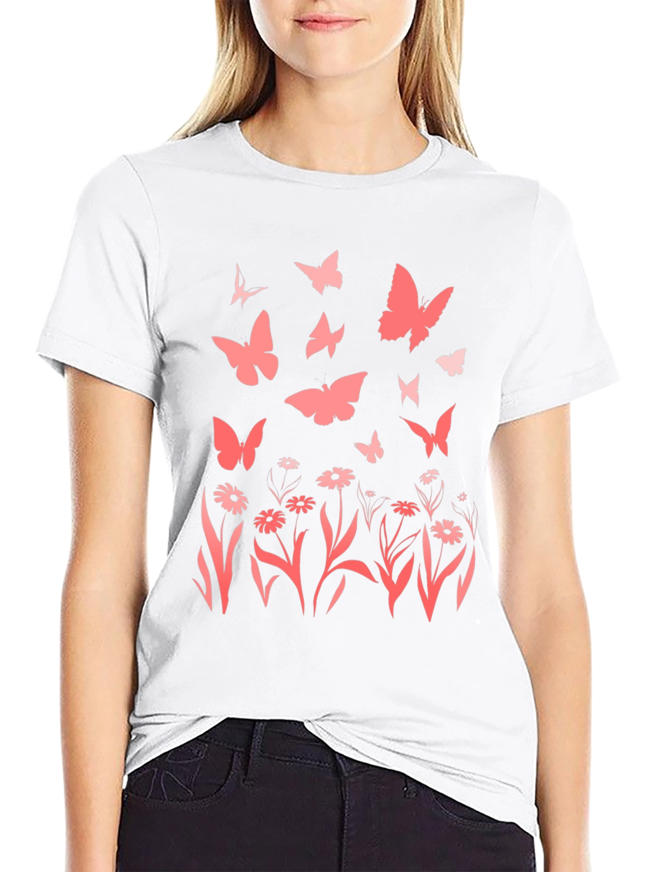 Butterfly & Floral Print Black T-Shirt