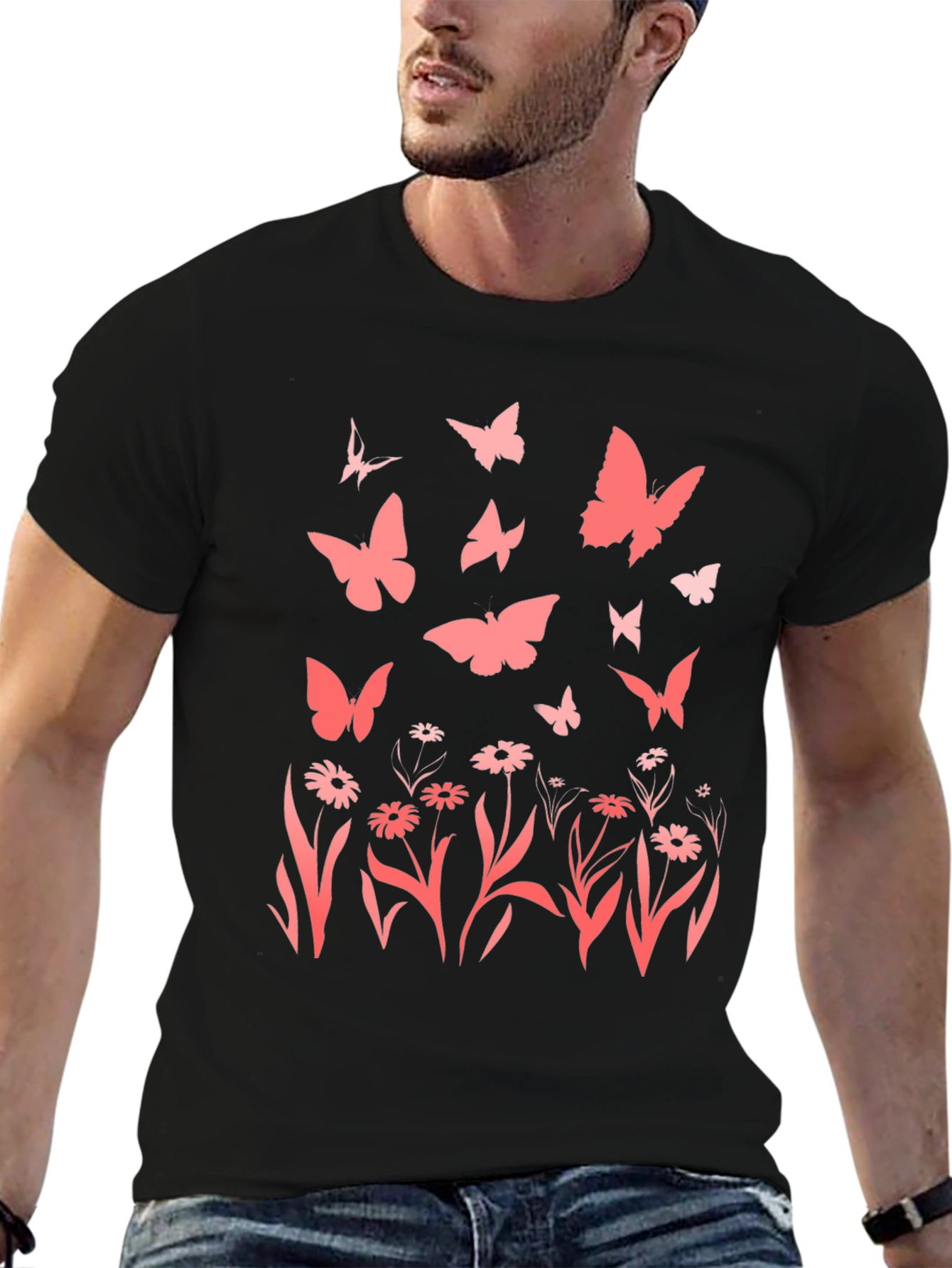 Butterfly & Floral Print Black T-Shirt