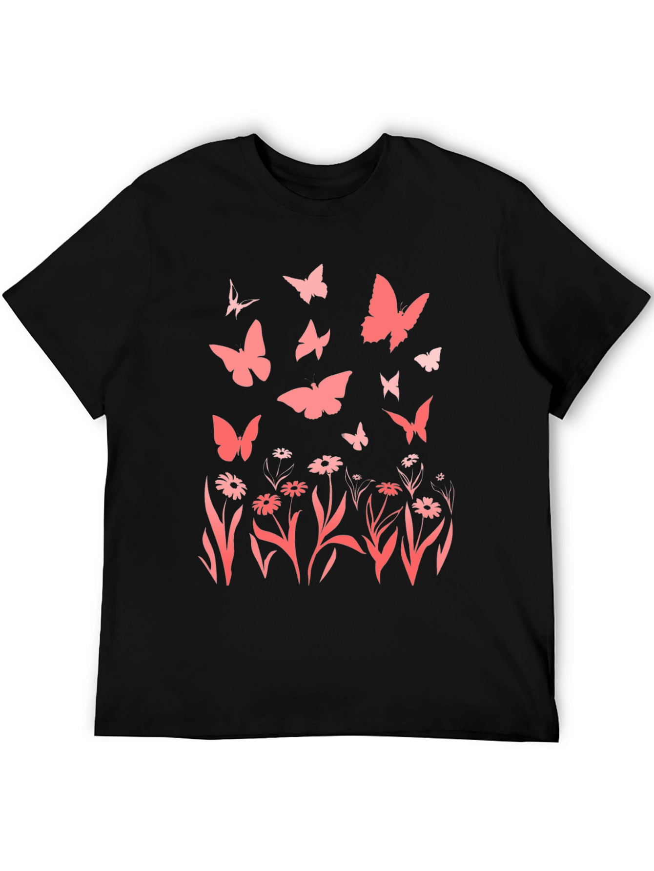 Butterfly & Floral Print Black T-Shirt