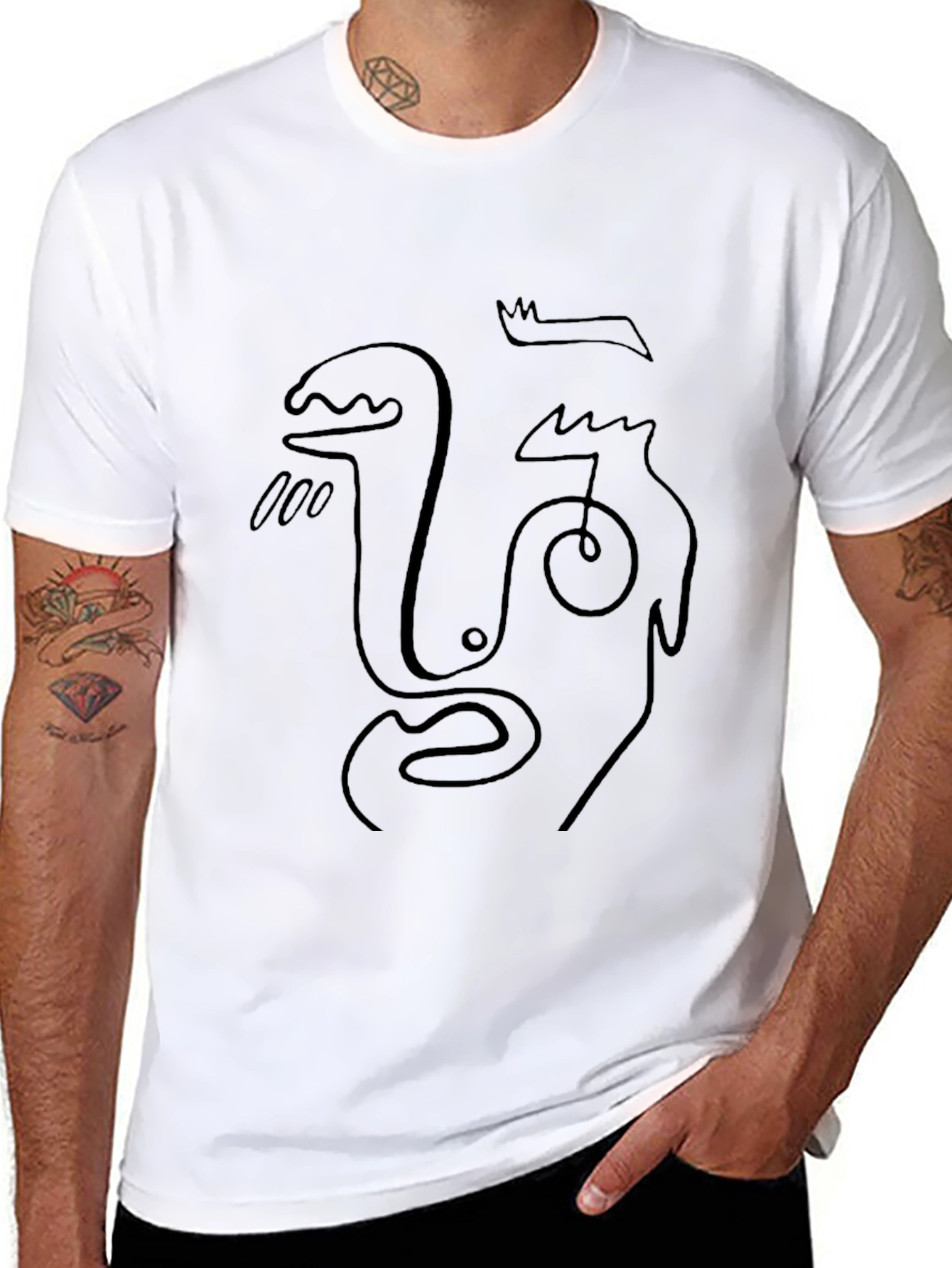 Abstract Face Line Art Black T-Shirt