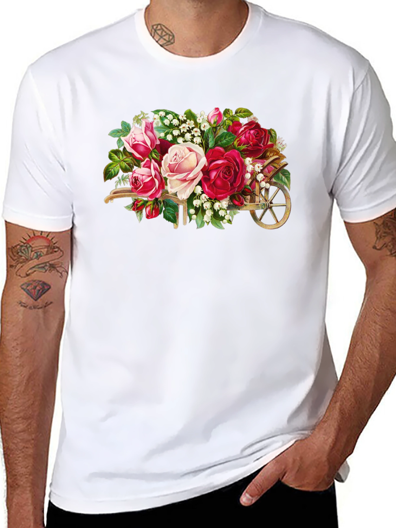 Floral Wheelbarrow Graphic Tee - Black Cotton