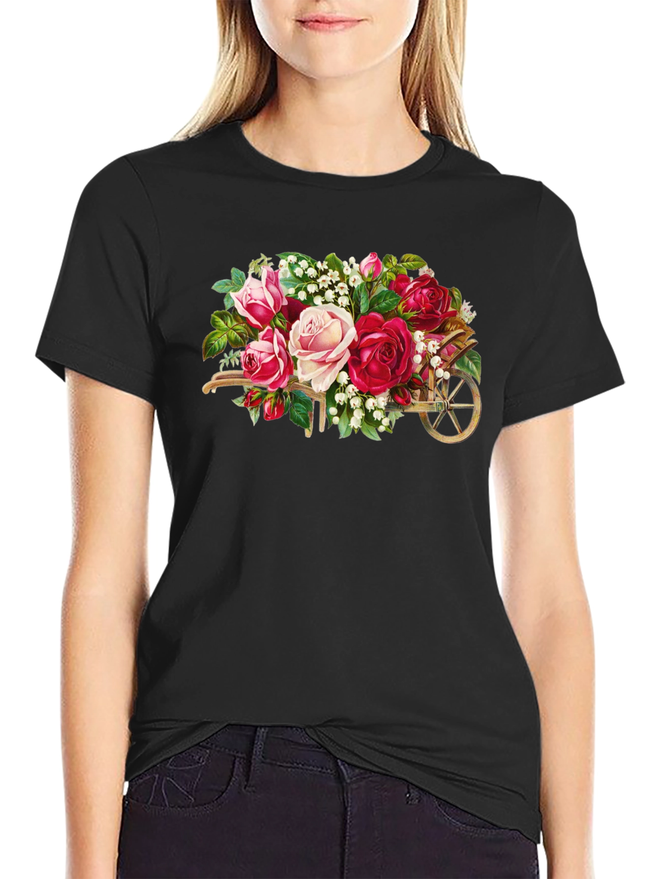 Floral Wheelbarrow Graphic Tee - Black Cotton