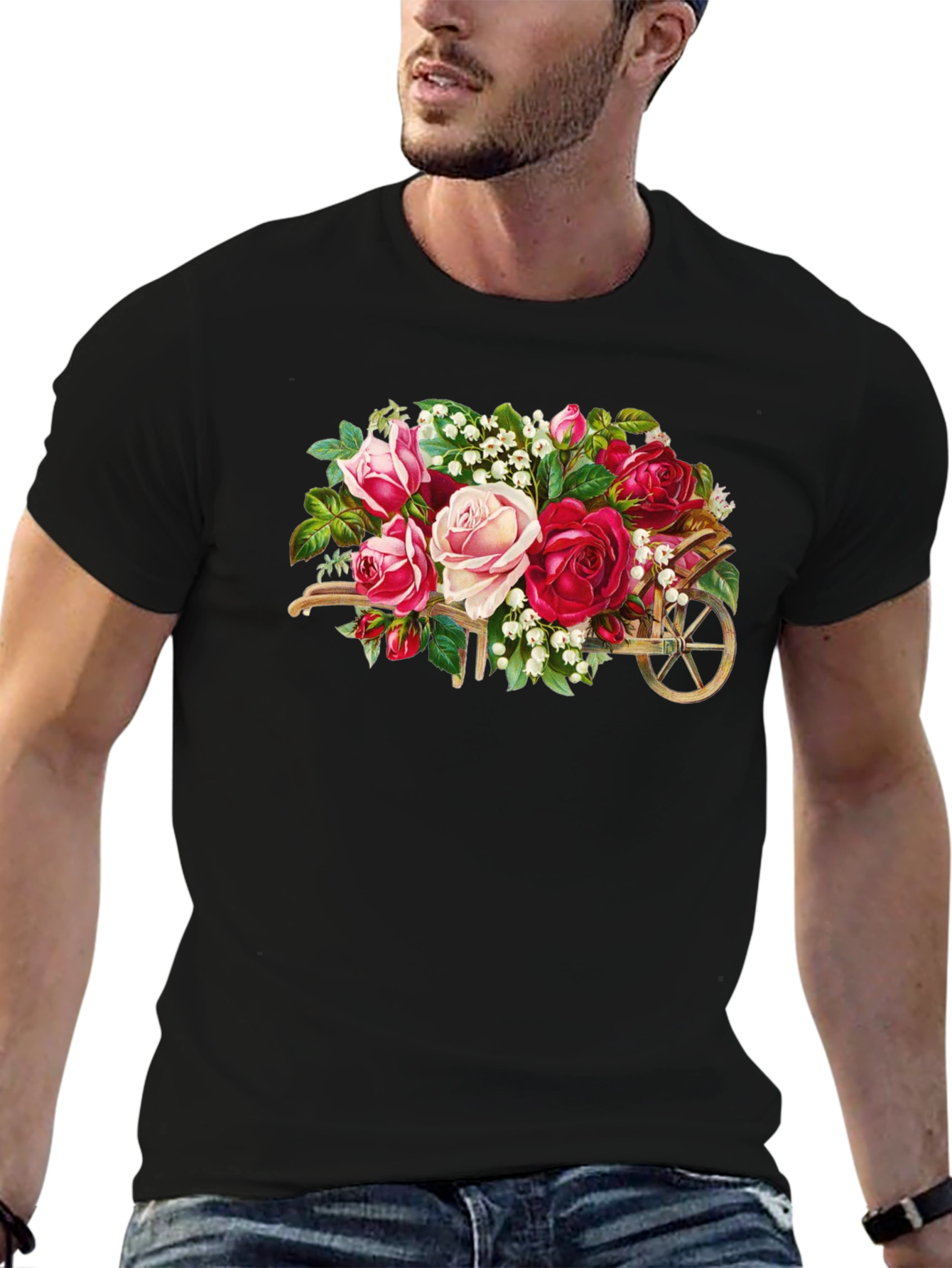 Floral Wheelbarrow Graphic Tee - Black Cotton
