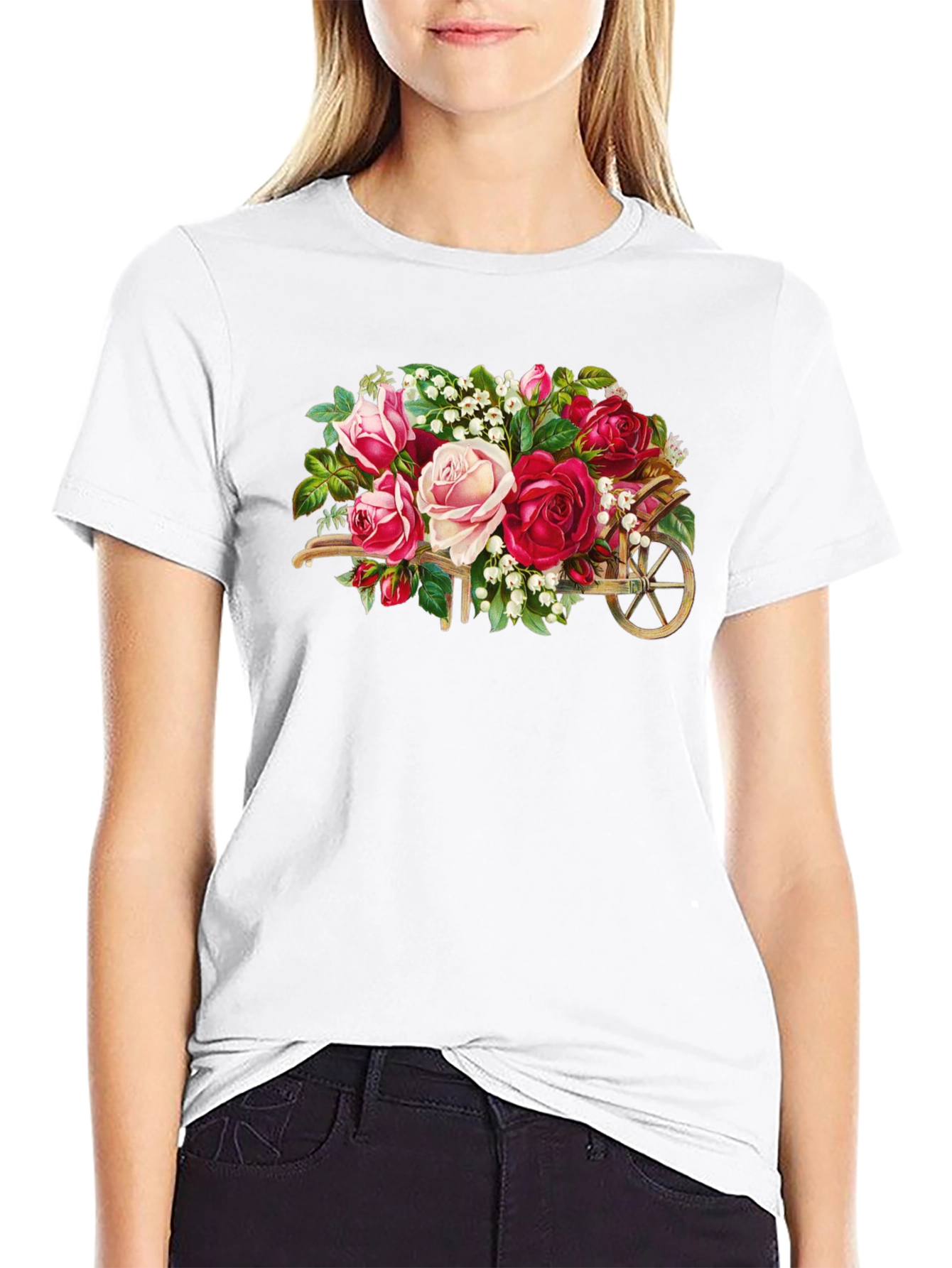 Floral Wheelbarrow Graphic Tee - Black Cotton