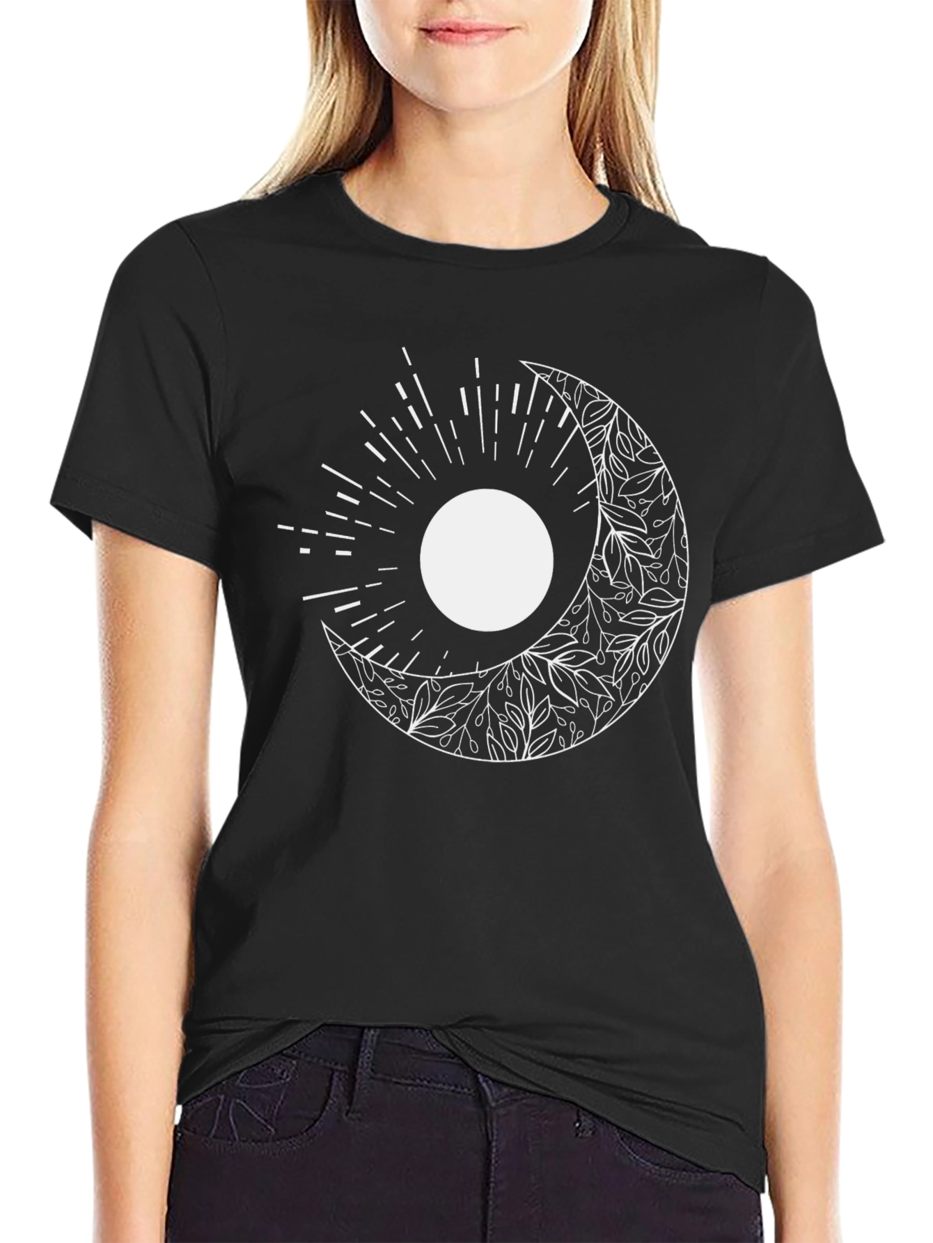 Celestial Moon & Sun Graphic Tee - Black Cotton