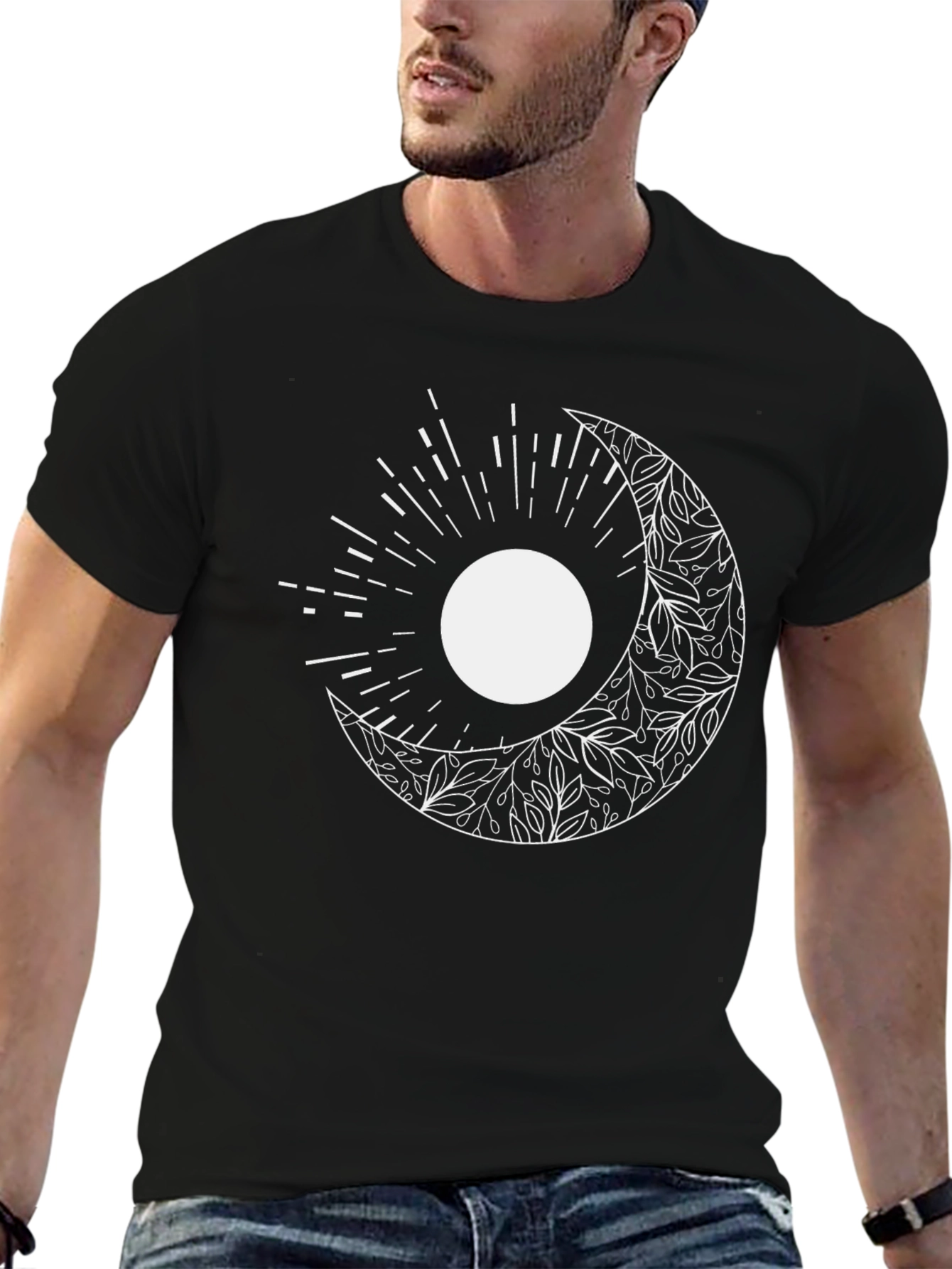 Celestial Moon & Sun Graphic Tee - Black Cotton