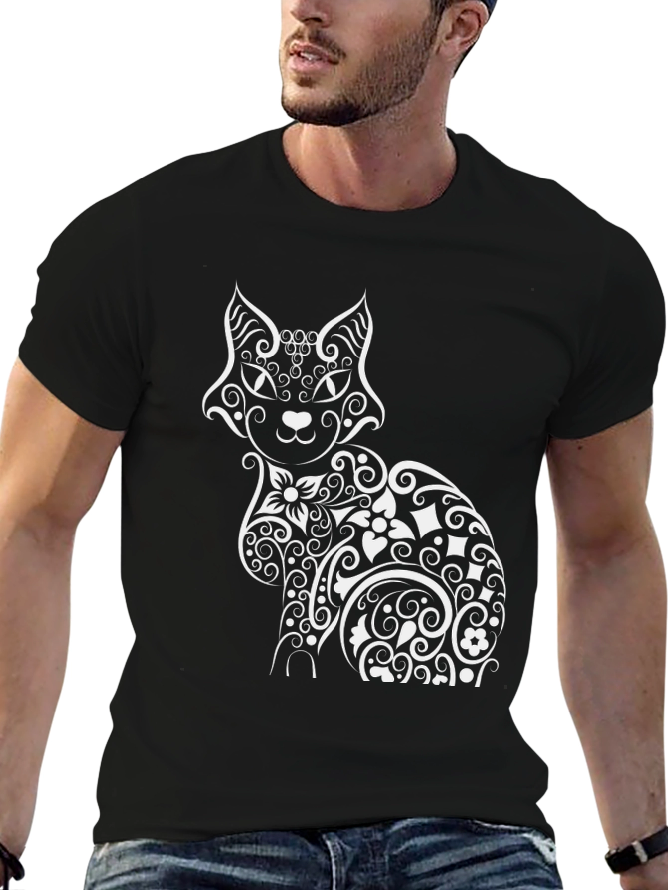 Stylish Cat Graphic Print Black T-Shirt