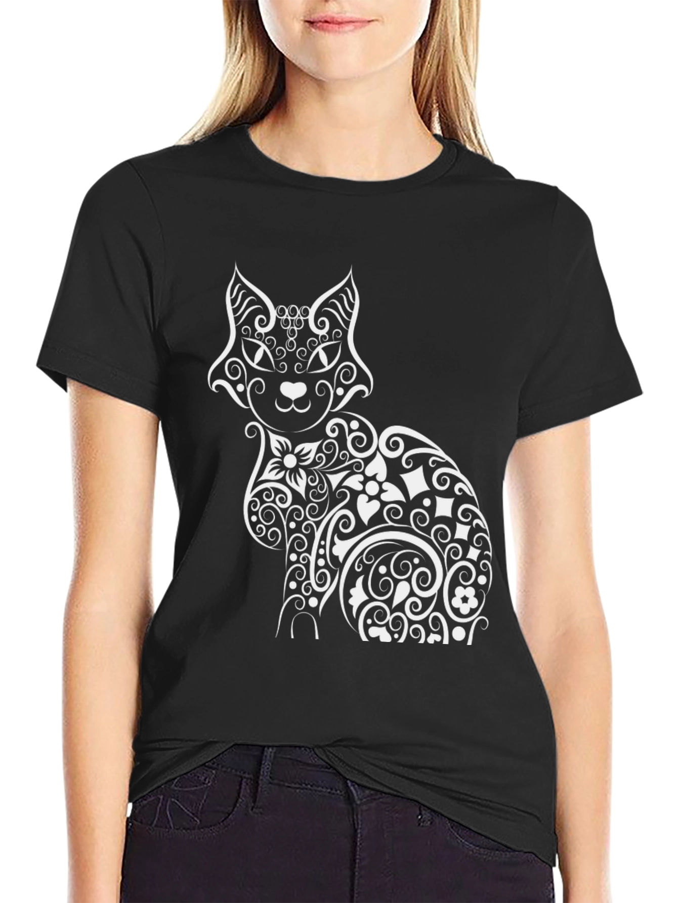 Stylish Cat Graphic Print Black T-Shirt