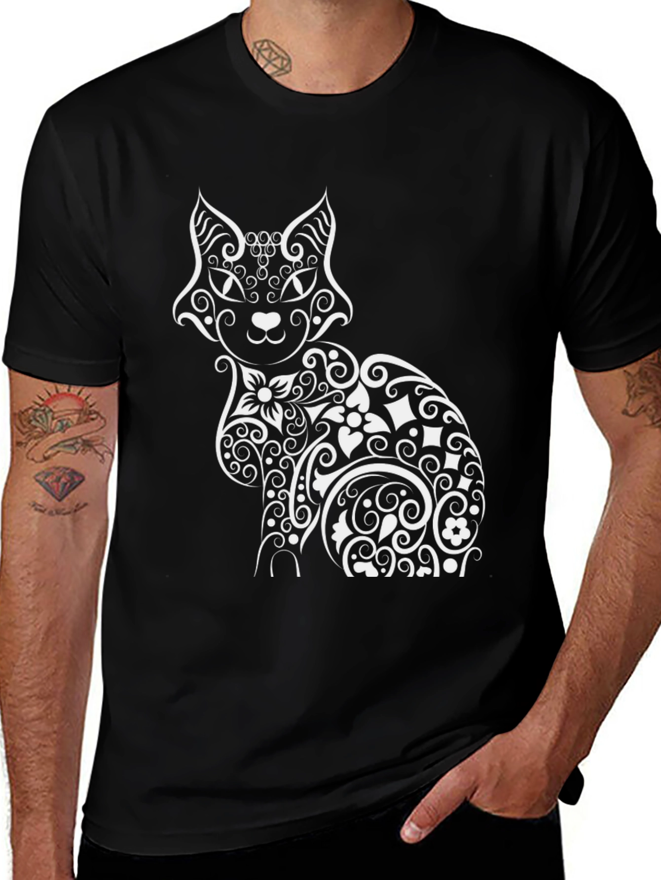 Stylish Cat Graphic Print Black T-Shirt