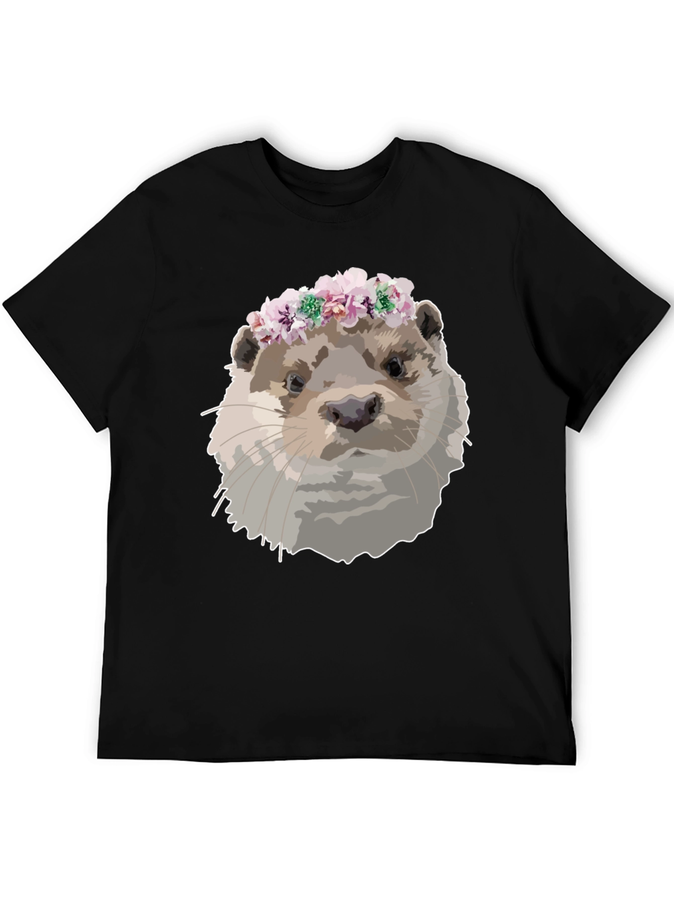 Otter with Flower Crown Black T-Shirt