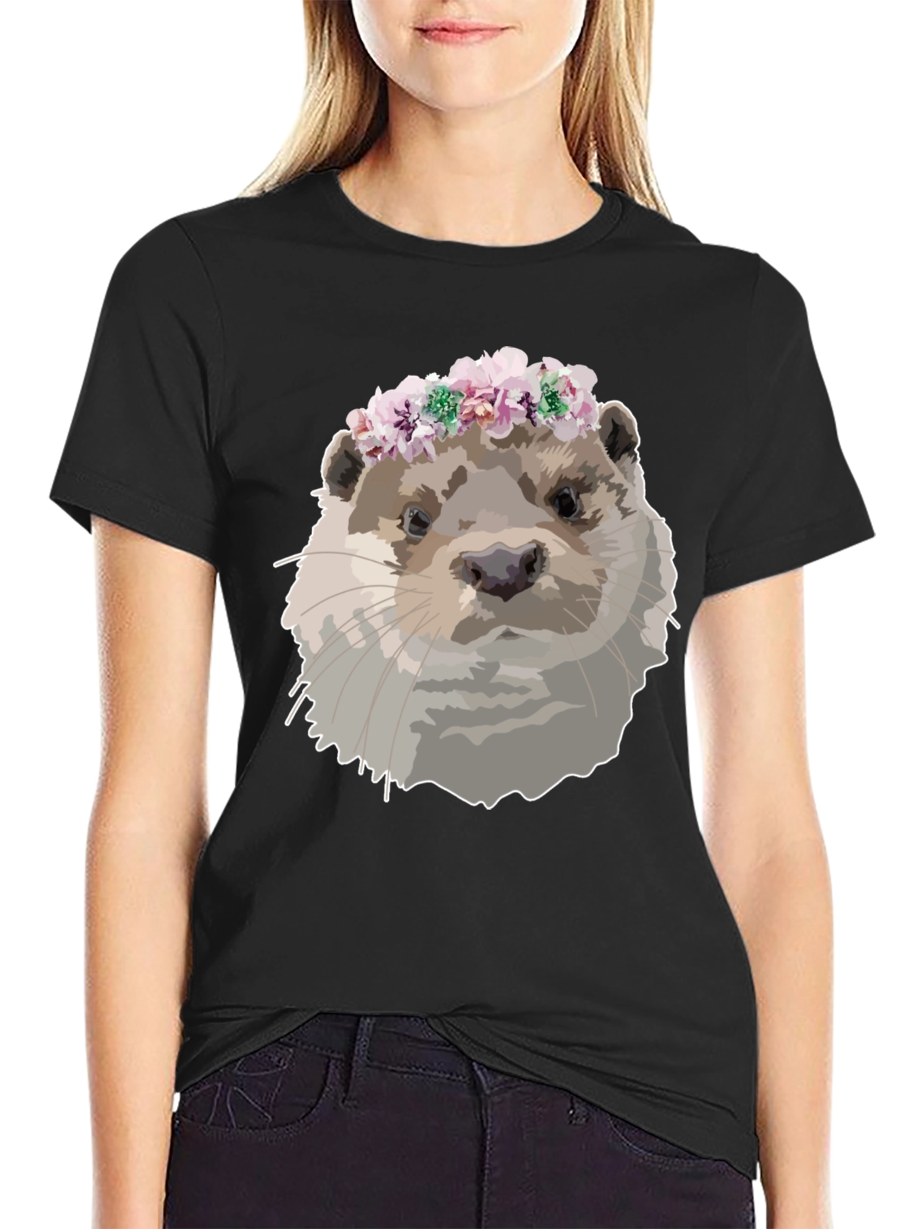 Otter with Flower Crown Black T-Shirt