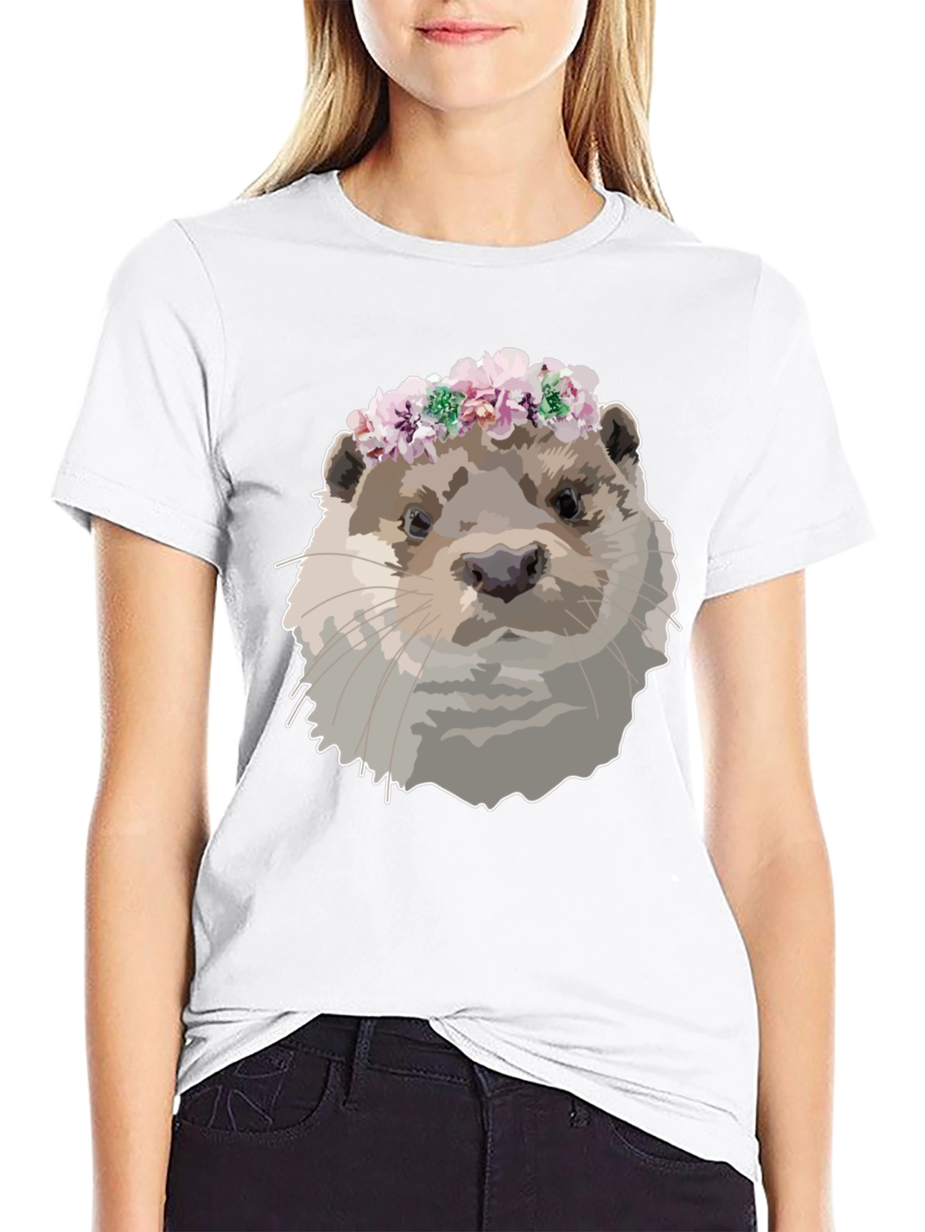 Otter with Flower Crown Black T-Shirt