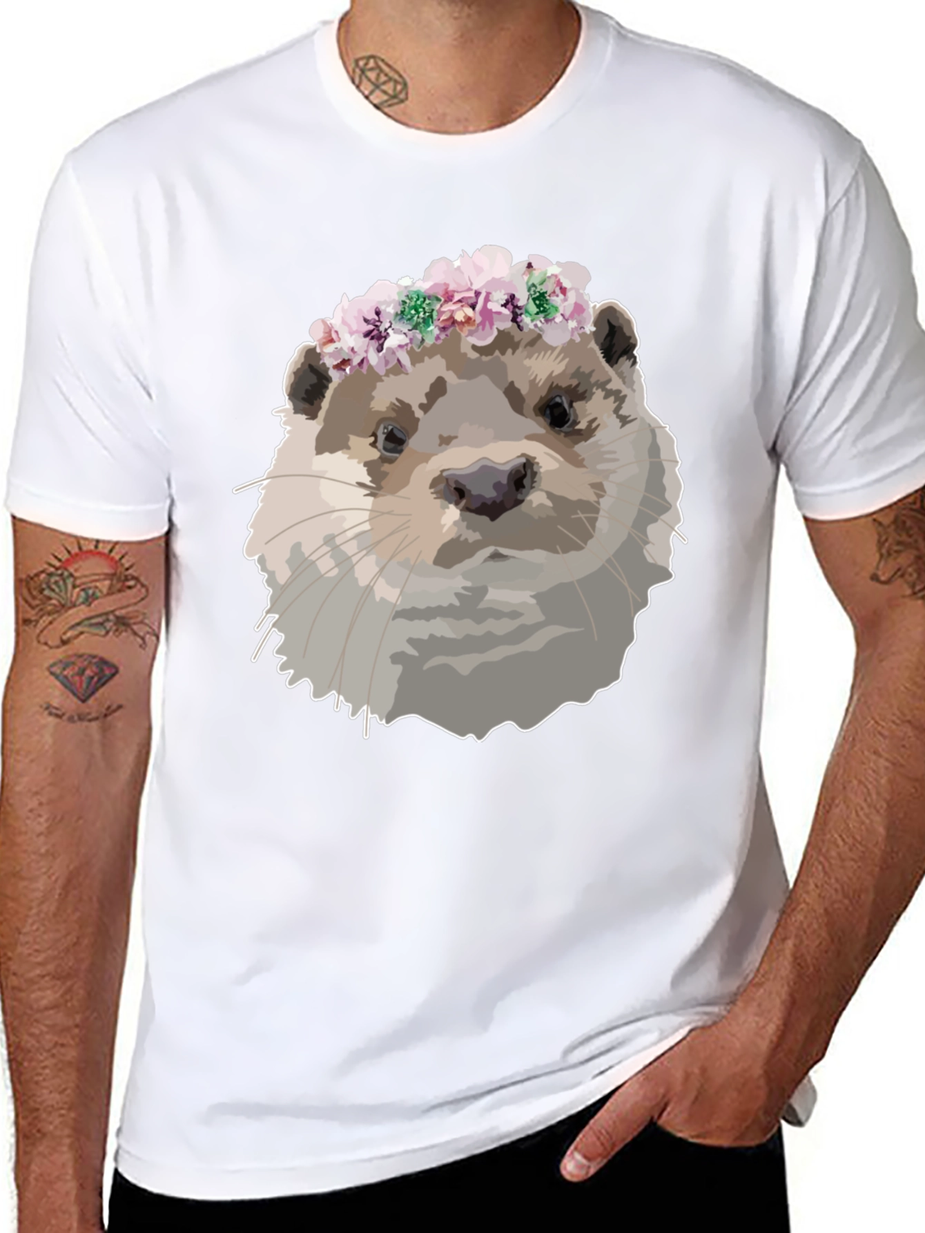 Otter with Flower Crown Black T-Shirt