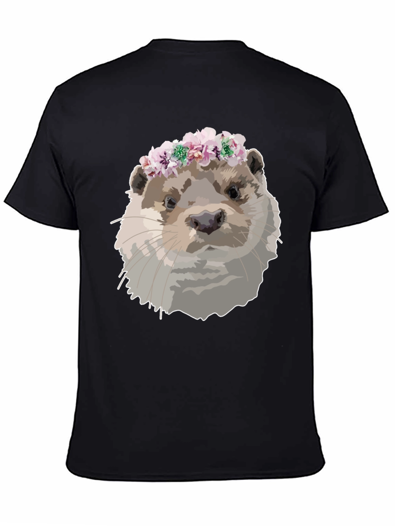 Otter with Flower Crown Black T-Shirt