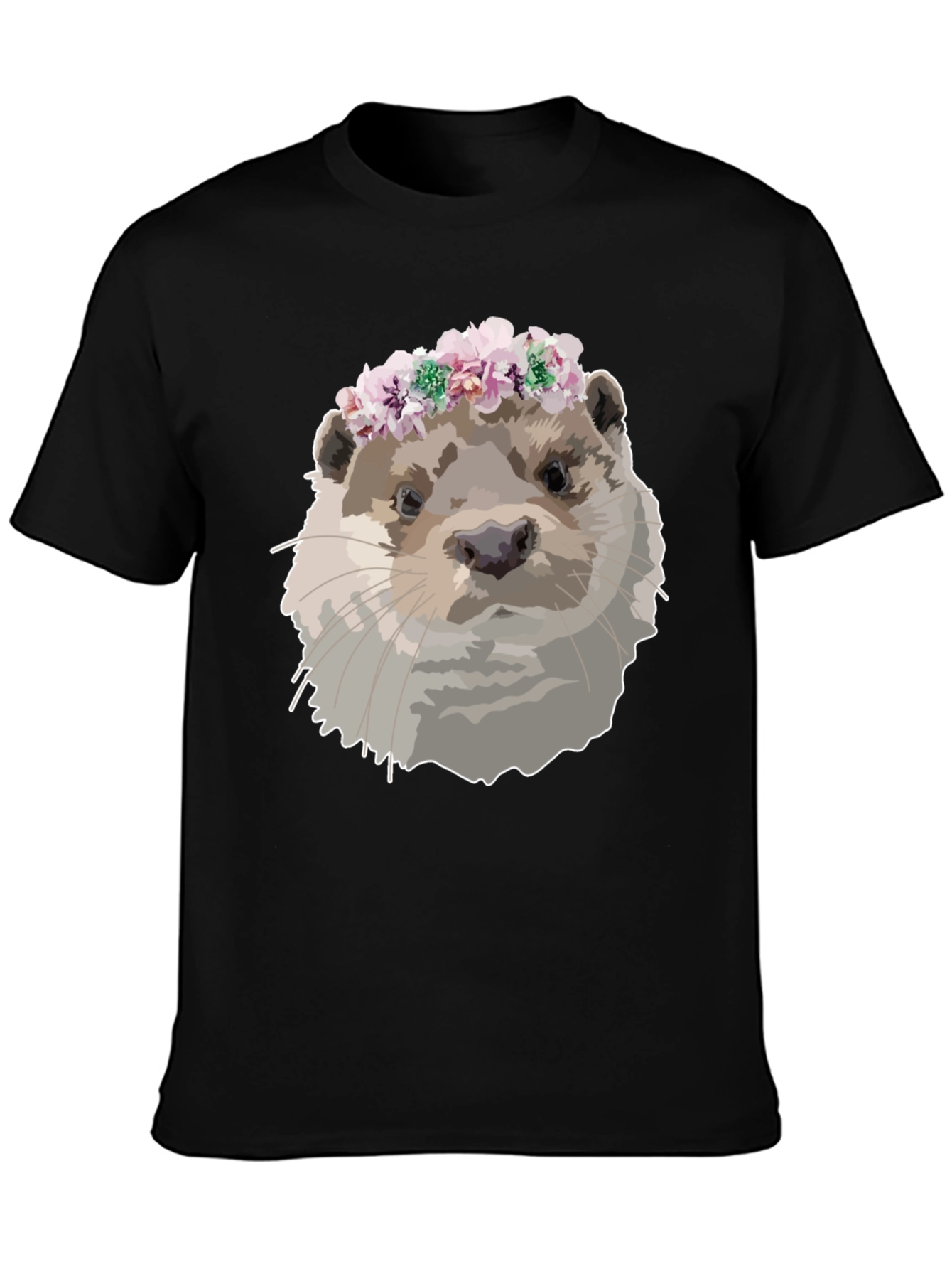 Otter with Flower Crown Black T-Shirt