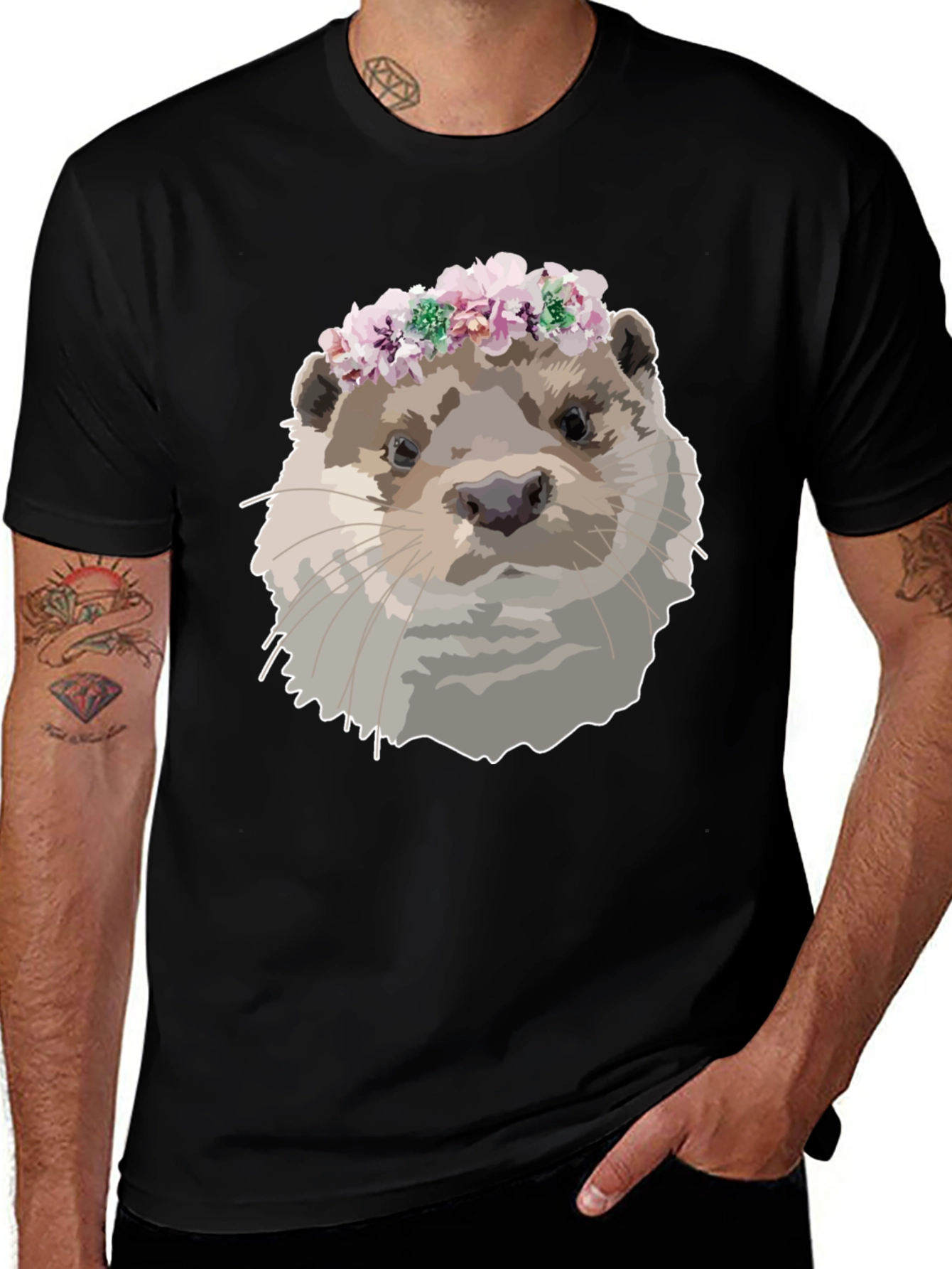 Otter with Flower Crown Black T-Shirt