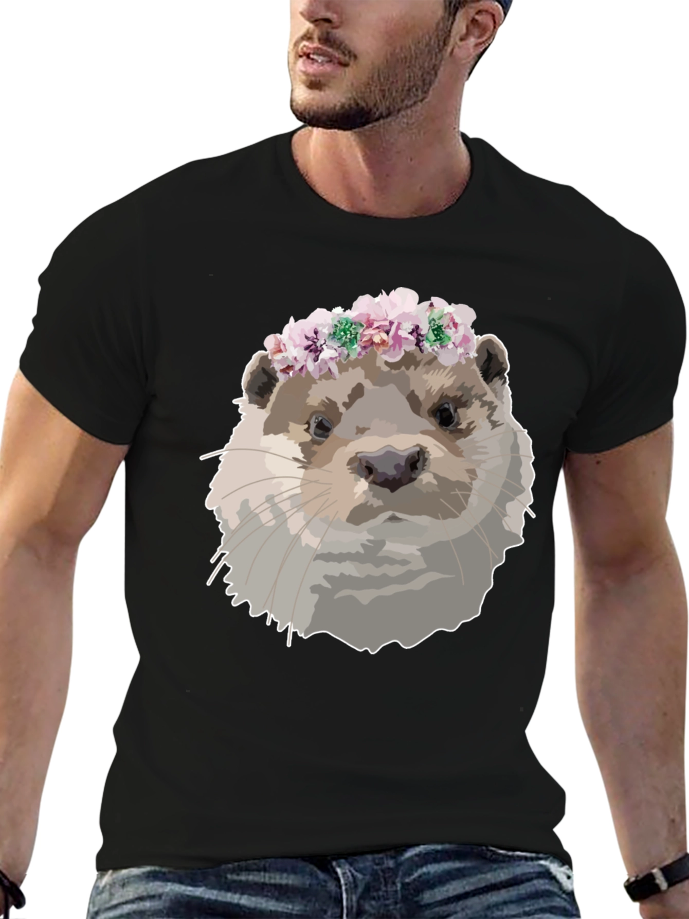 Otter with Flower Crown Black T-Shirt