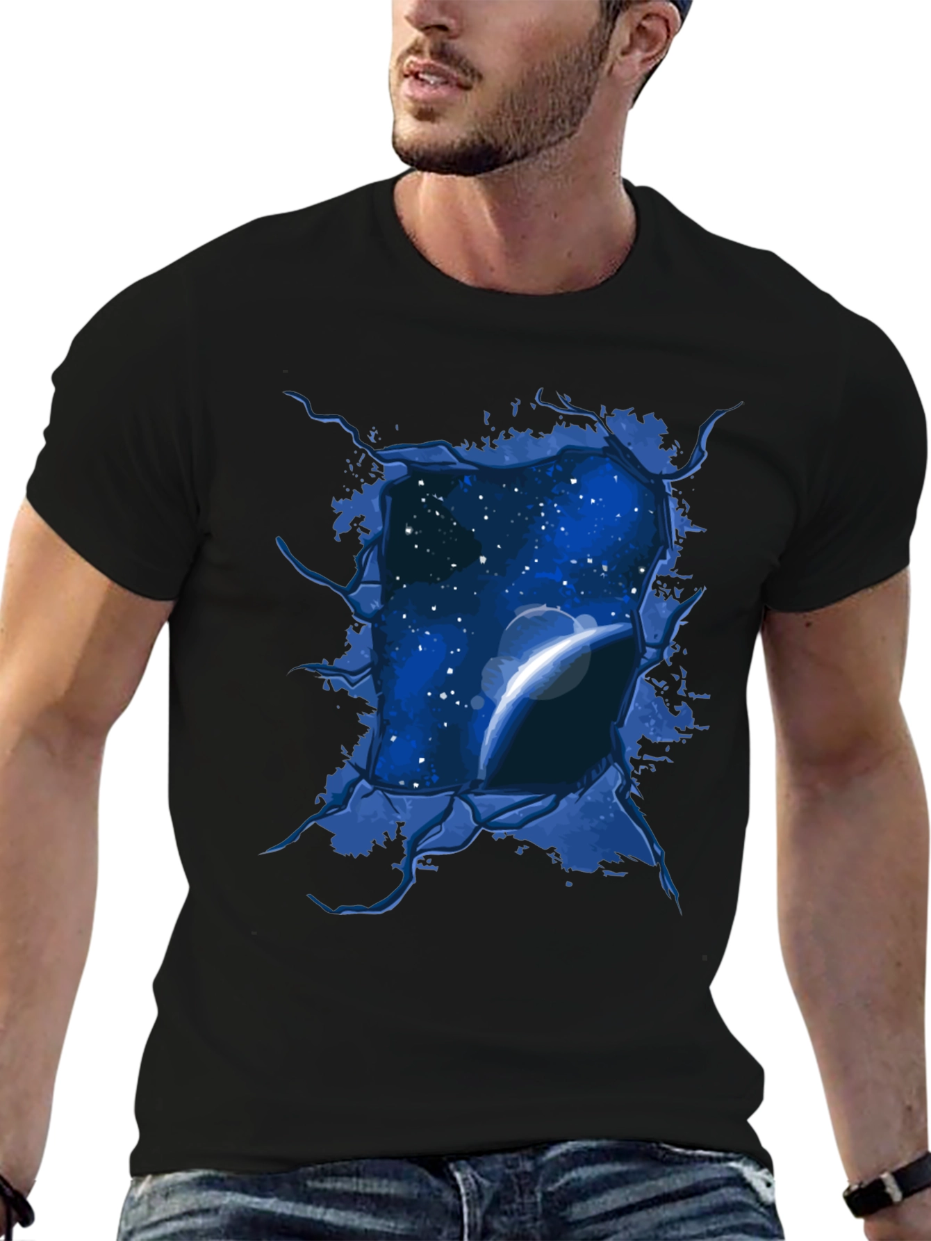 Space View Ripped Tee - Galaxy Planet Graphic T-Shirt