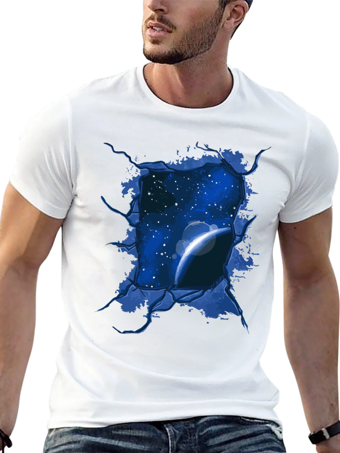 Space View Ripped Tee - Galaxy Planet Graphic T-Shirt