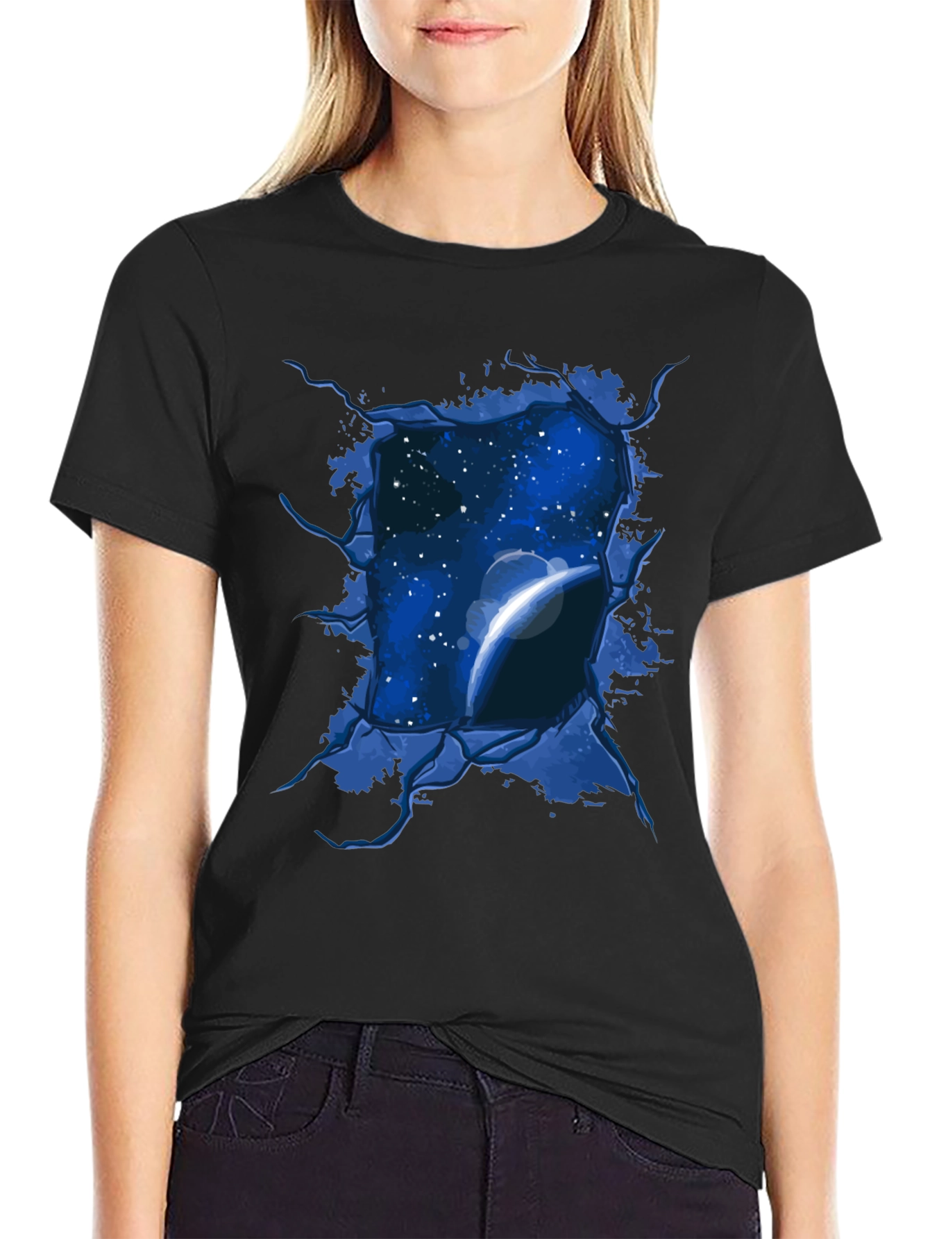 Space View Ripped Tee - Galaxy Planet Graphic T-Shirt