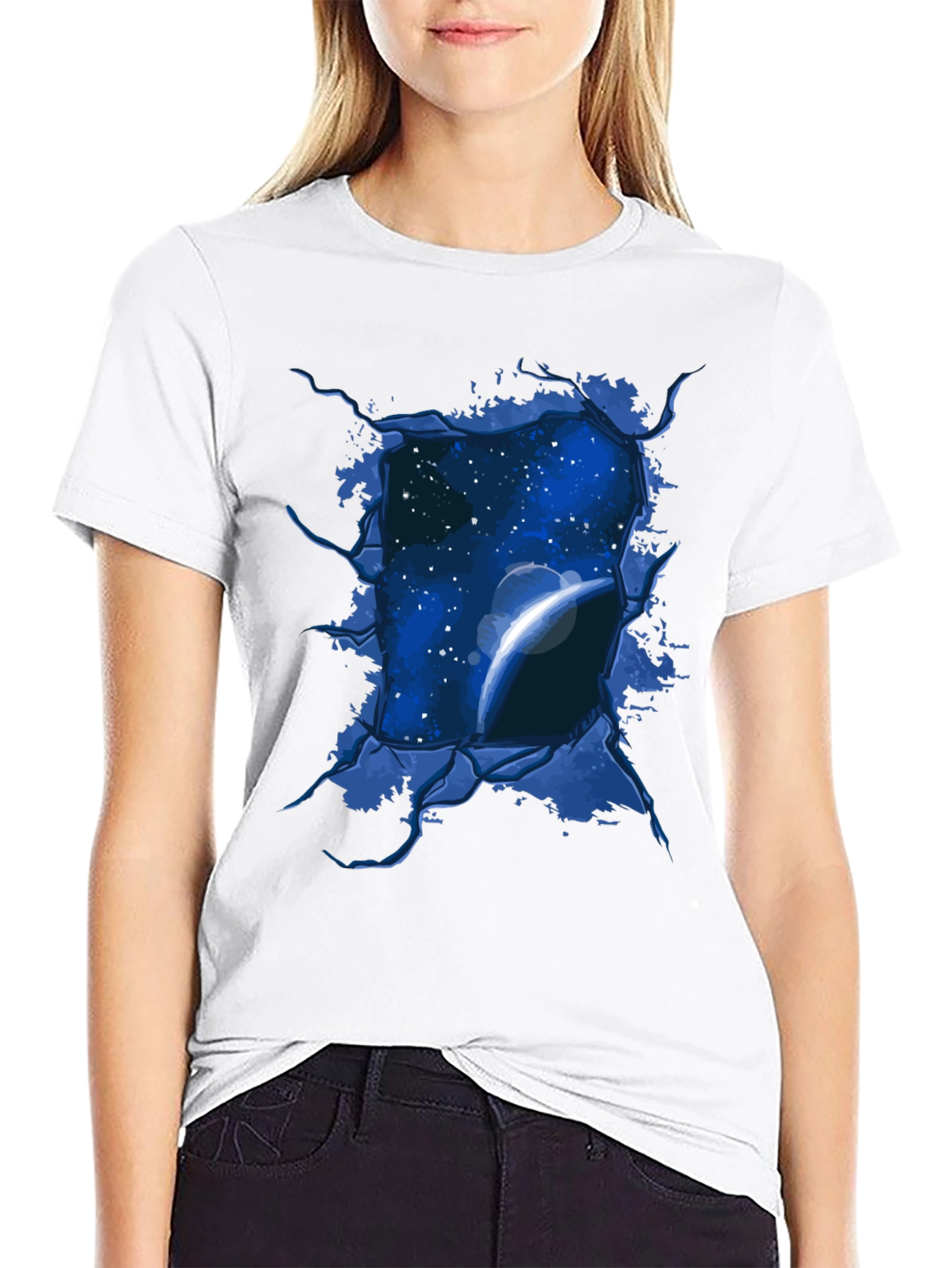 Space View Ripped Tee - Galaxy Planet Graphic T-Shirt