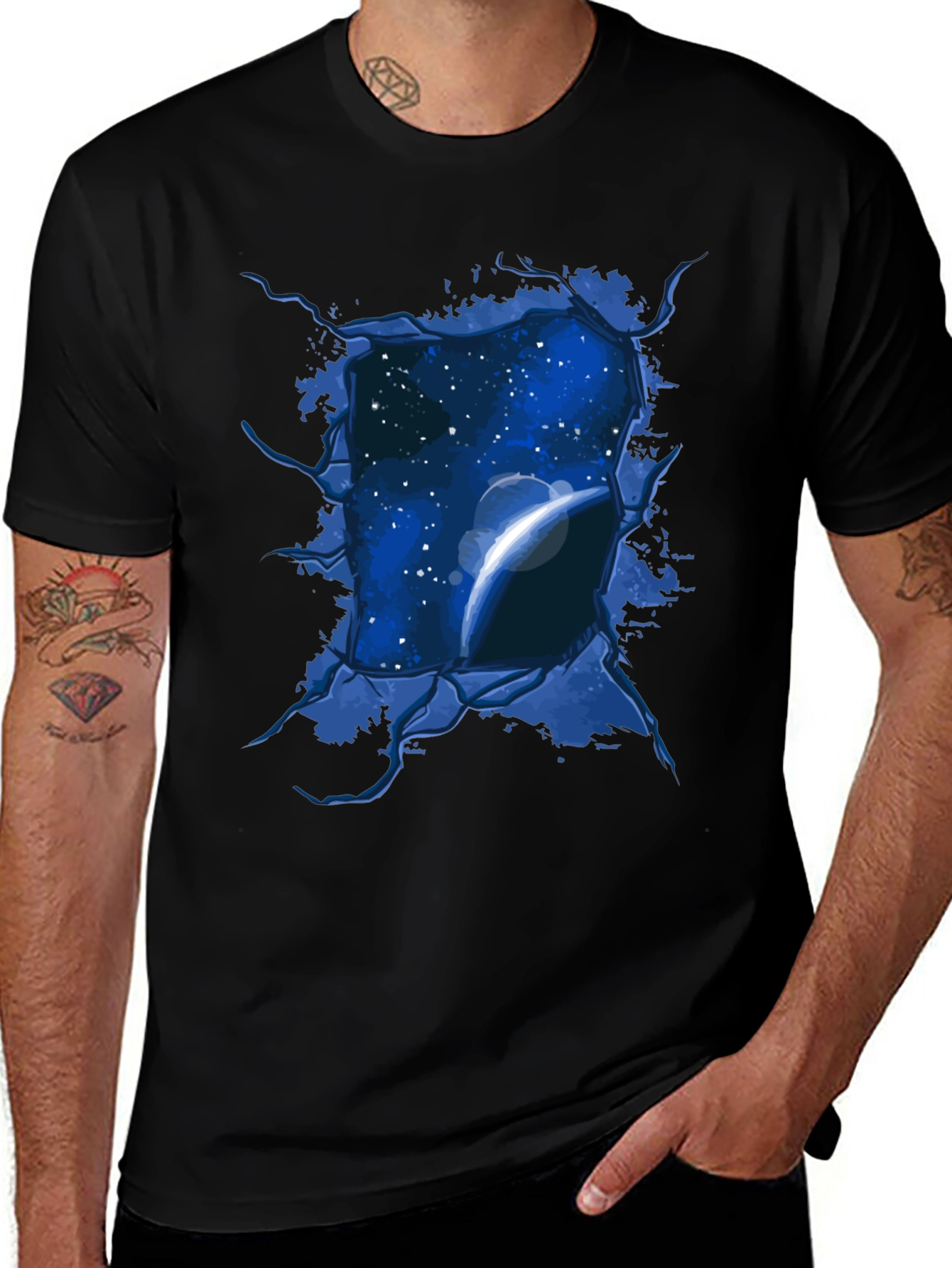 Space View Ripped Tee - Galaxy Planet Graphic T-Shirt