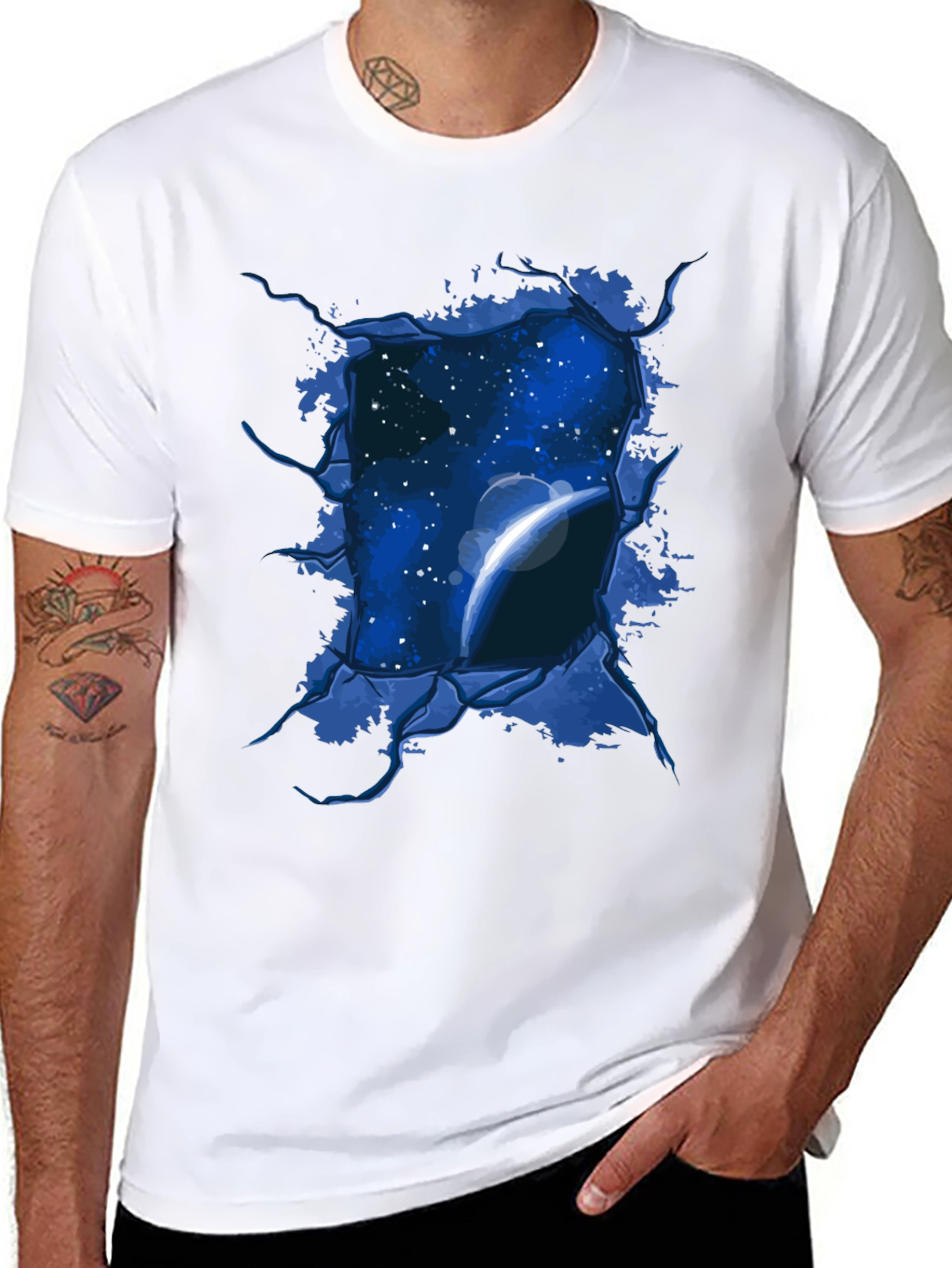 Space View Ripped Tee - Galaxy Planet Graphic T-Shirt