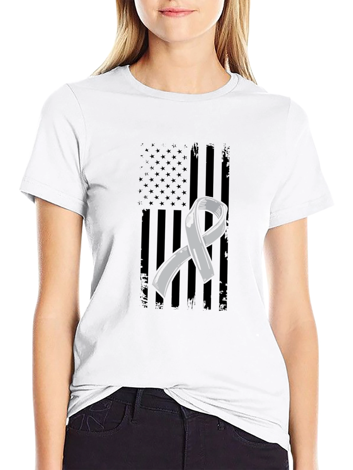 Grey Ribbon American Flag Graphic T-Shirt