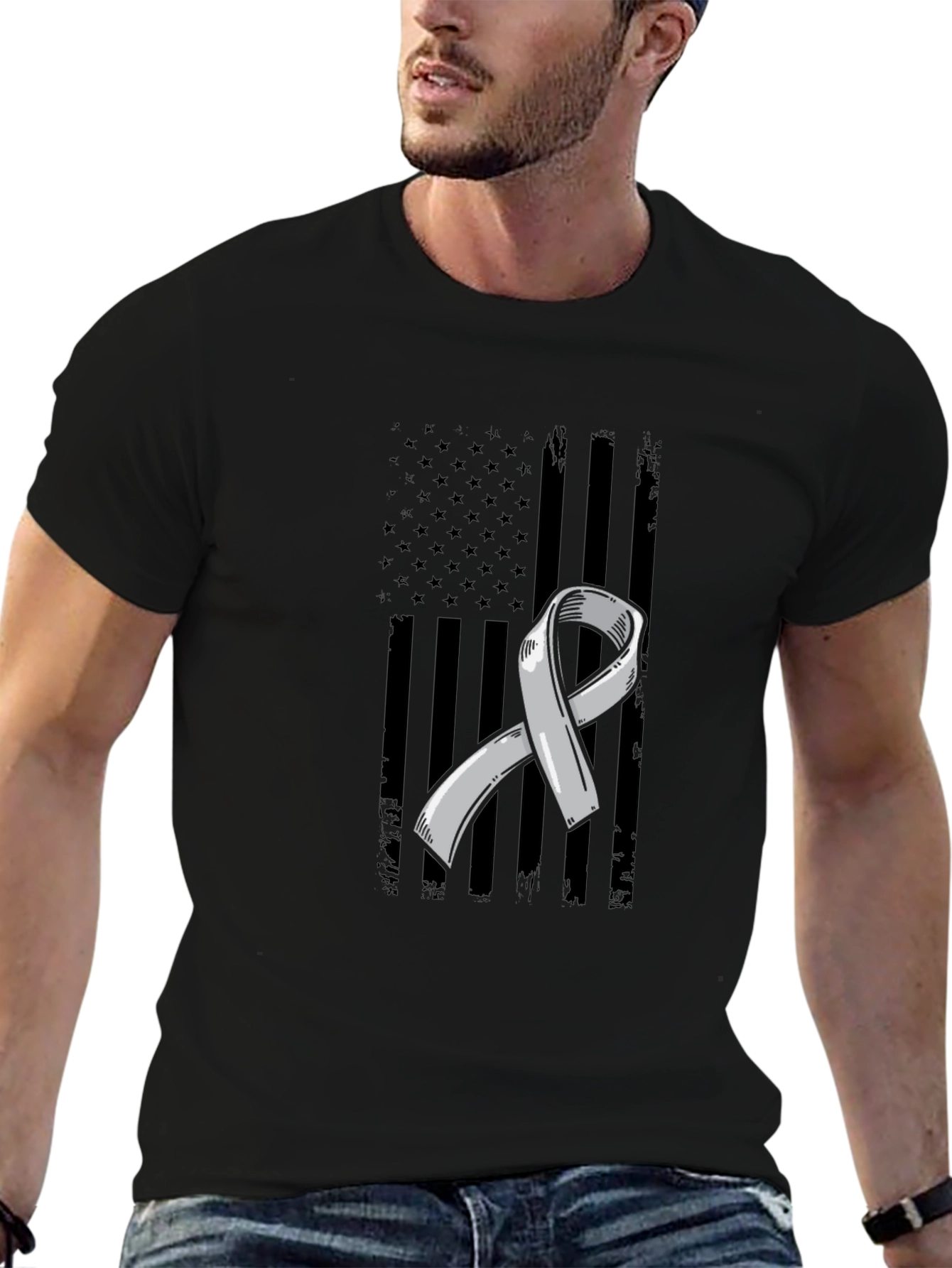 Grey Ribbon American Flag Graphic T-Shirt