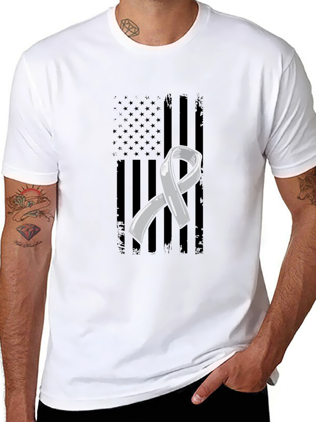 Grey Ribbon American Flag Graphic T-Shirt