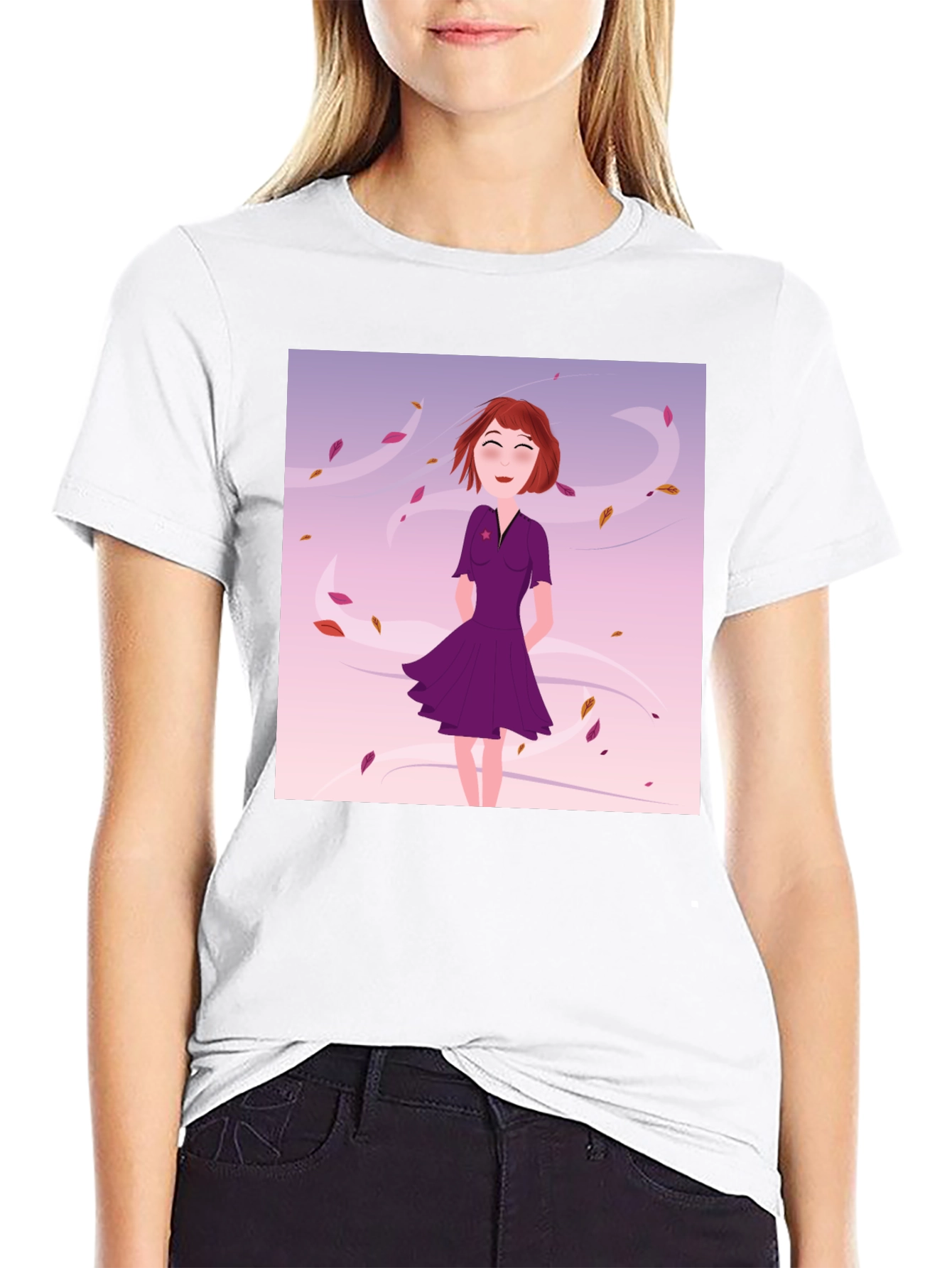 Whimsical Girl in Wind T-Shirt