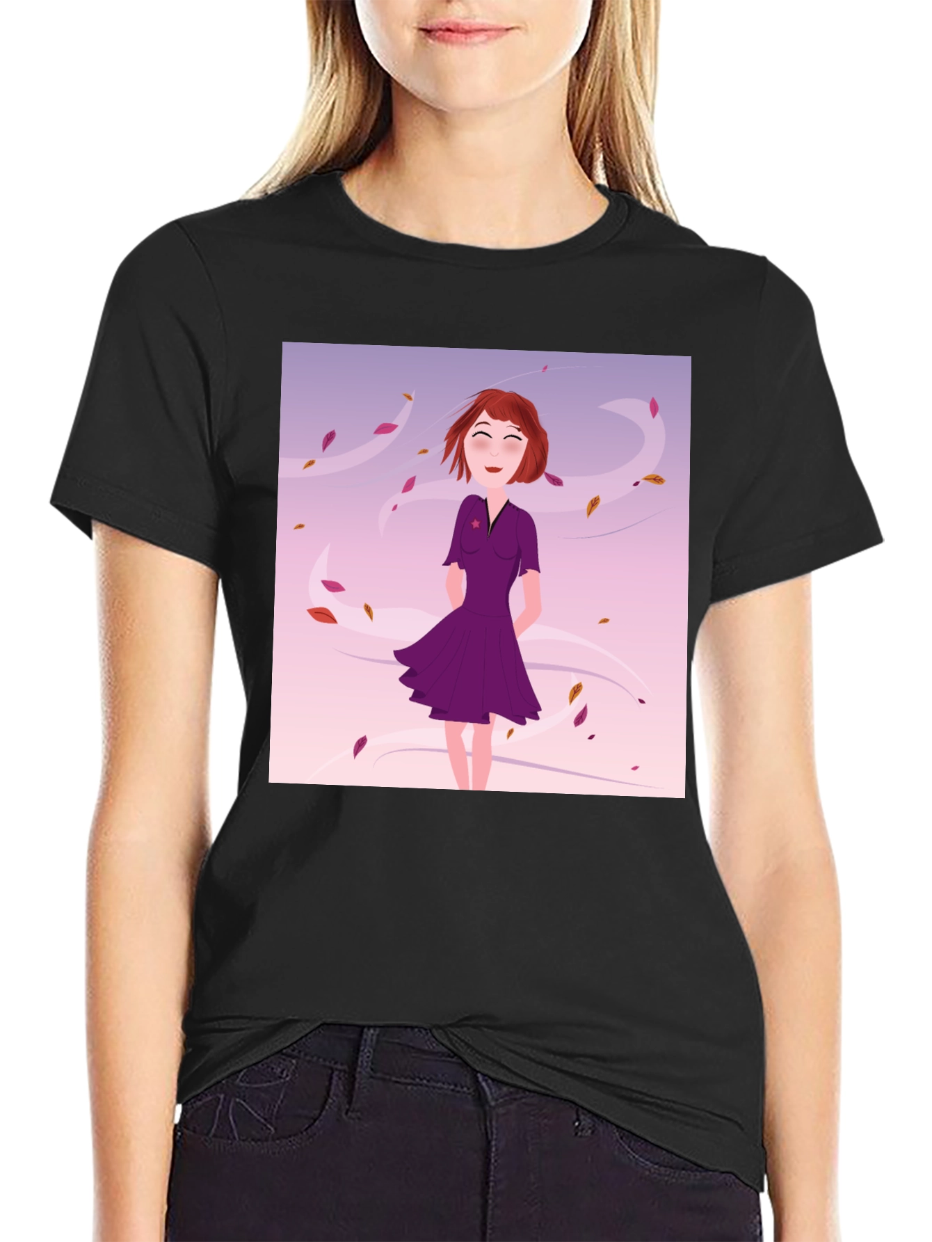 Whimsical Girl in Wind T-Shirt