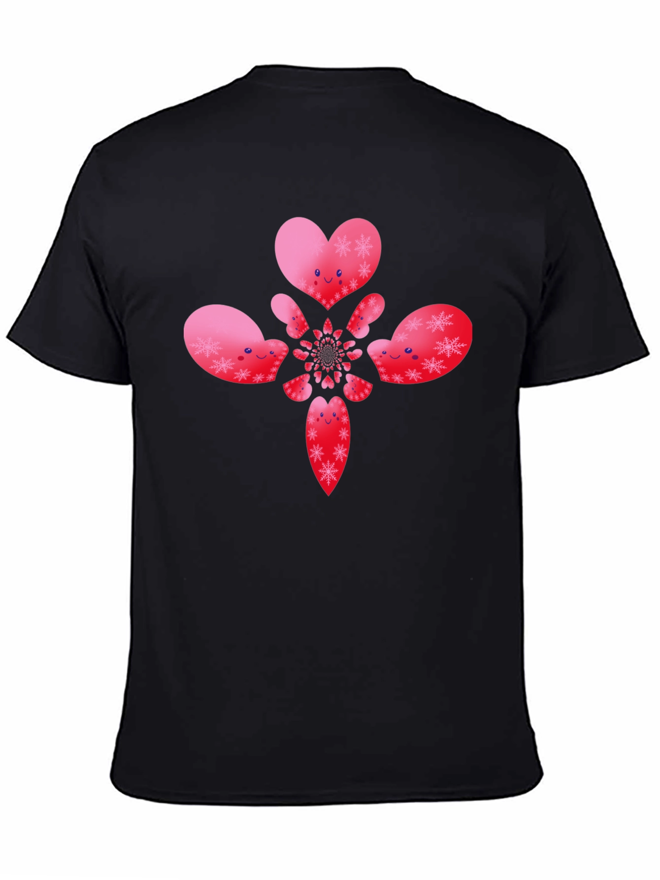 Heart Snowflake Pattern Black T-Shirt