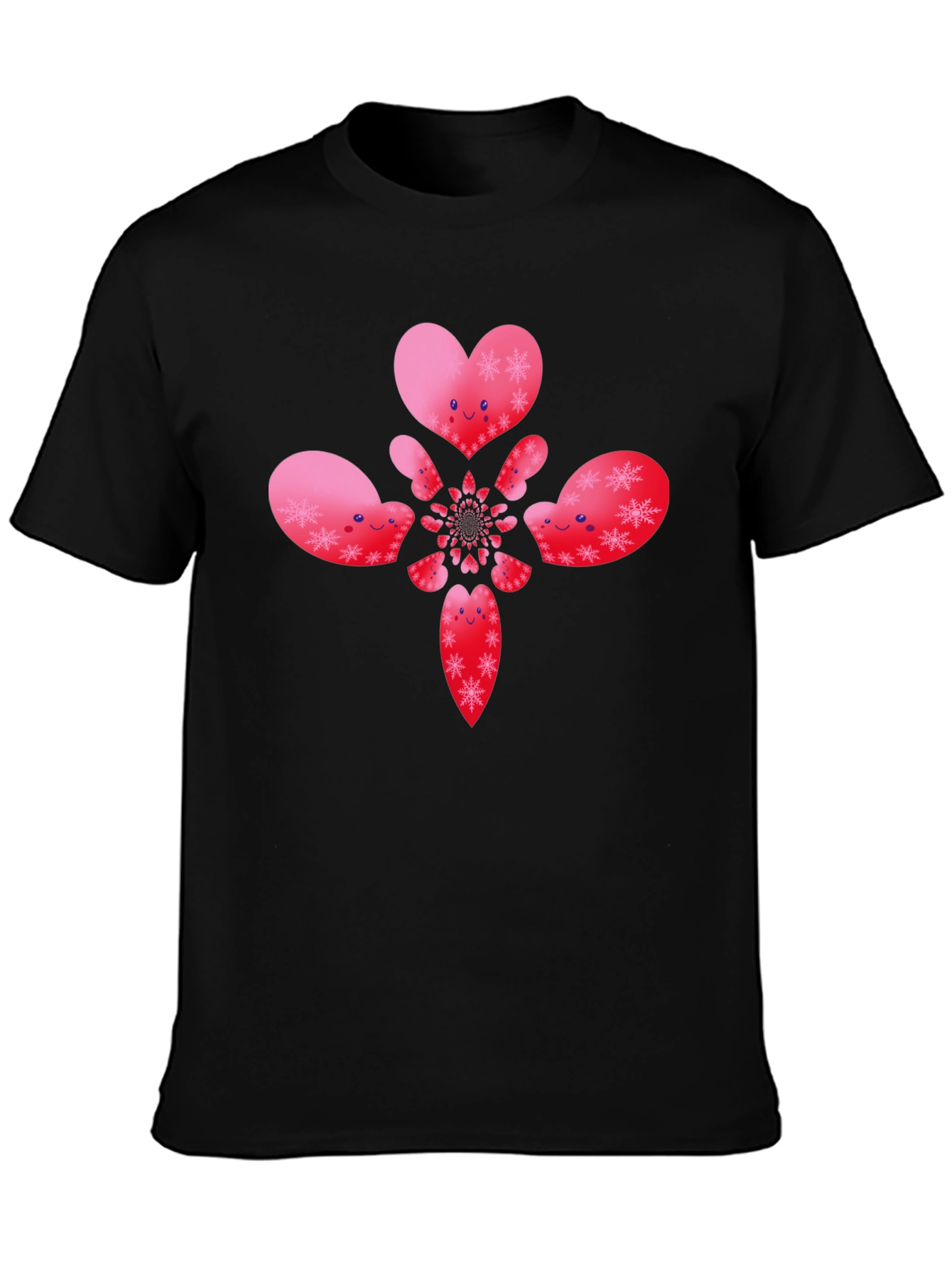 Heart Snowflake Pattern Black T-Shirt