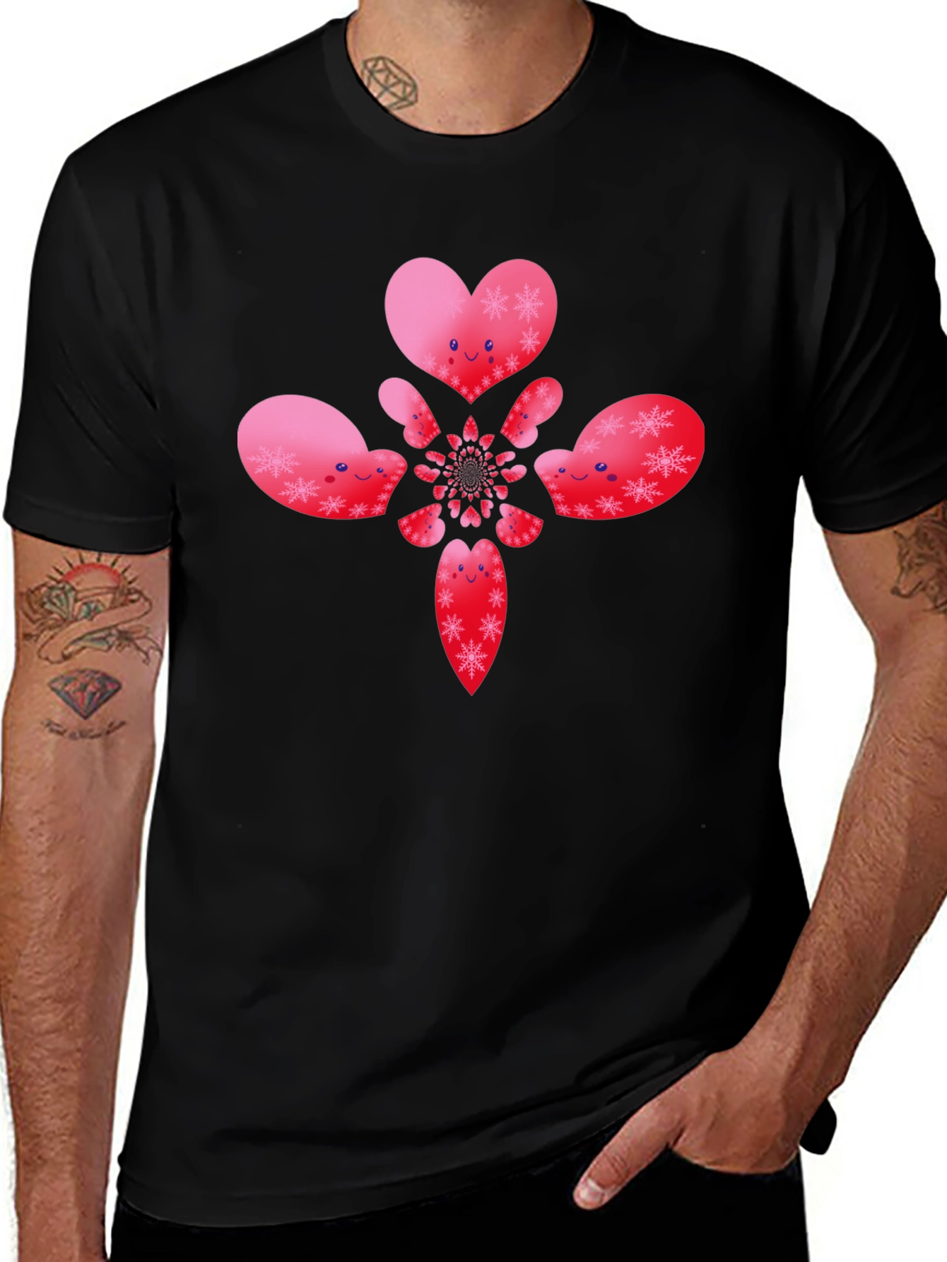 Heart Snowflake Pattern Black T-Shirt