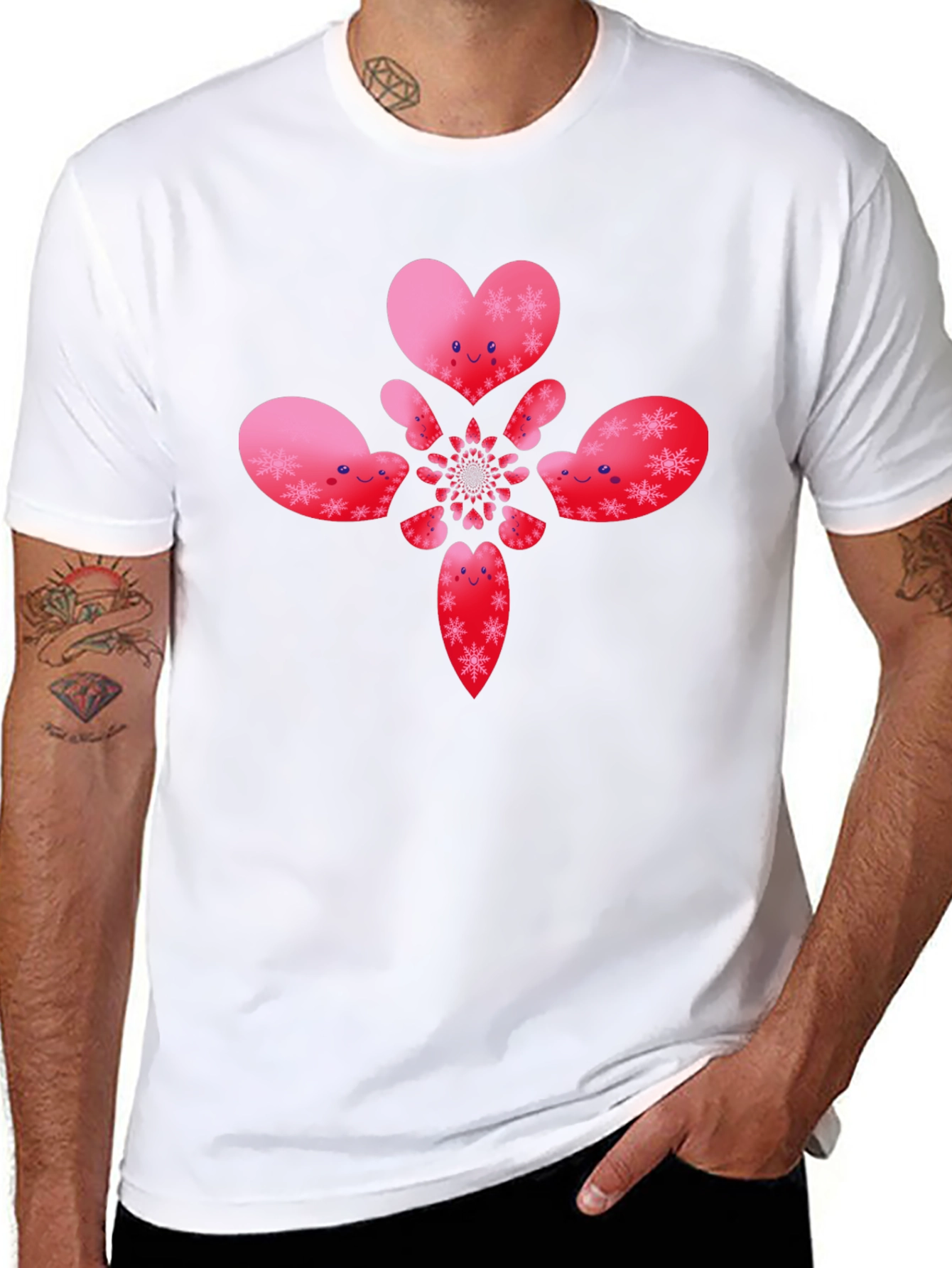 Heart Snowflake Pattern Black T-Shirt