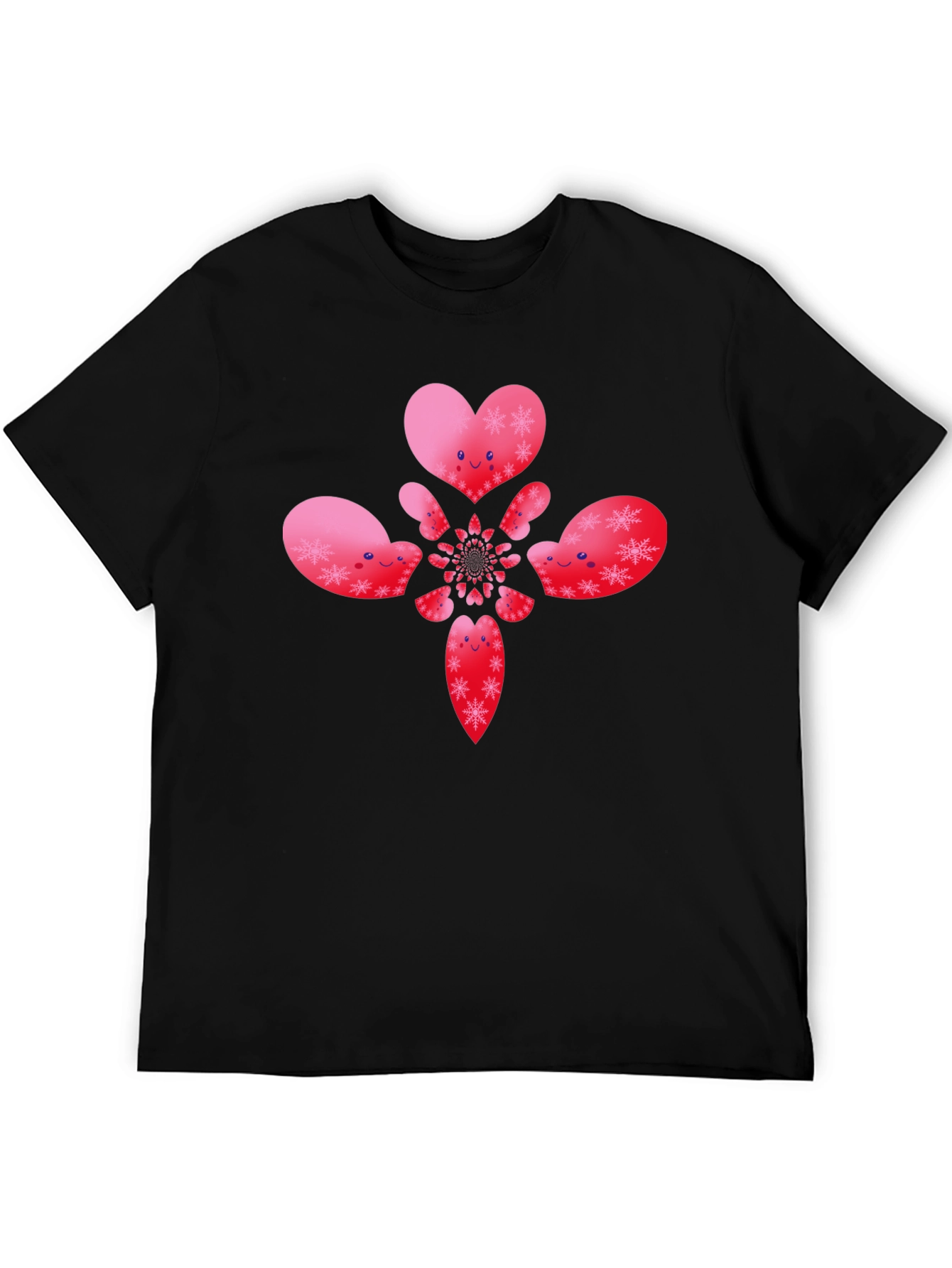 Heart Snowflake Pattern Black T-Shirt