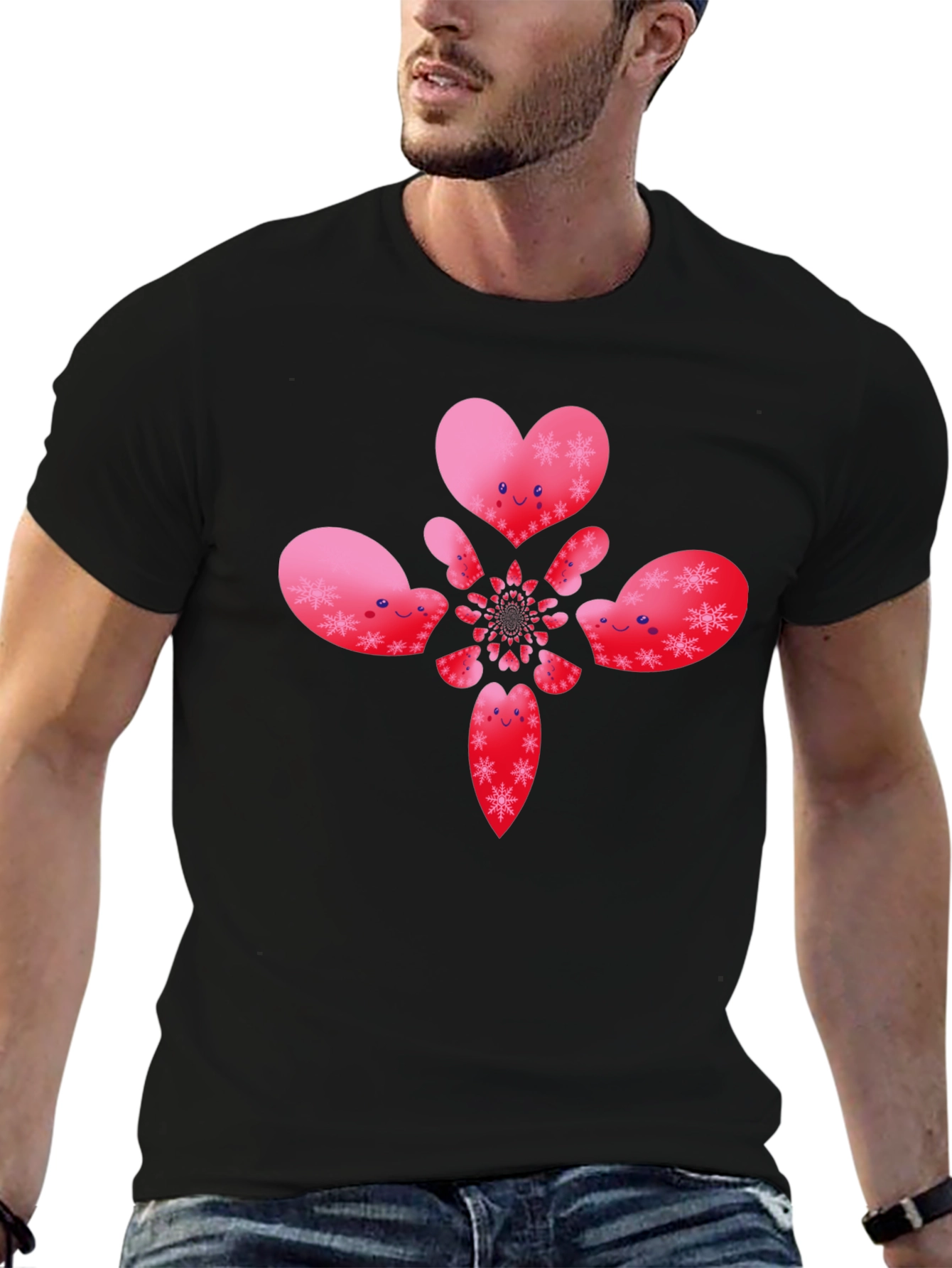 Heart Snowflake Pattern Black T-Shirt
