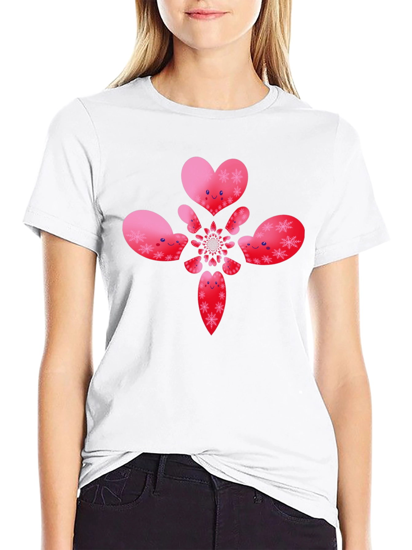 Heart Snowflake Pattern Black T-Shirt
