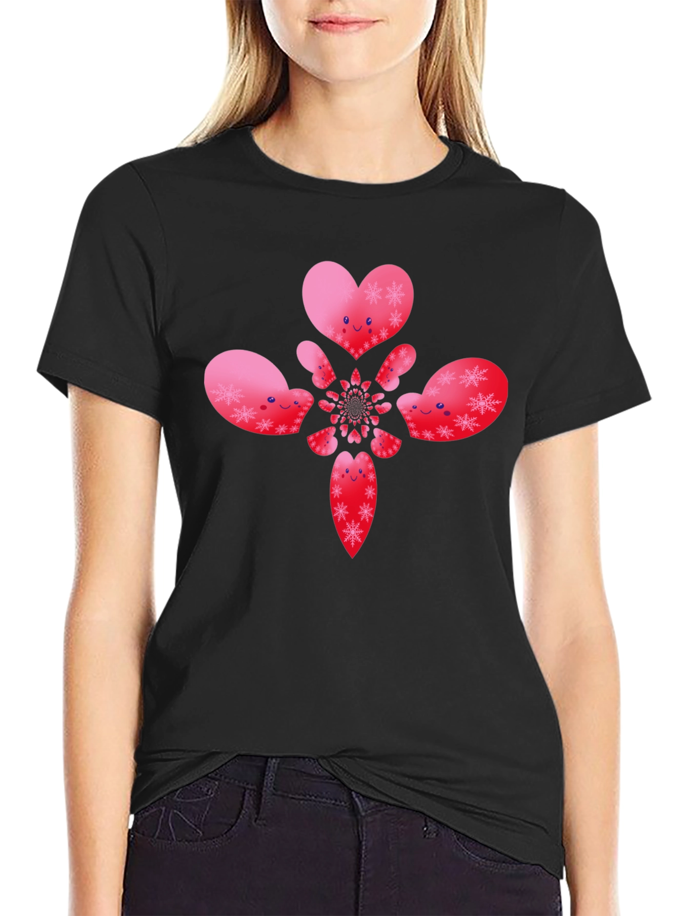 Heart Snowflake Pattern Black T-Shirt