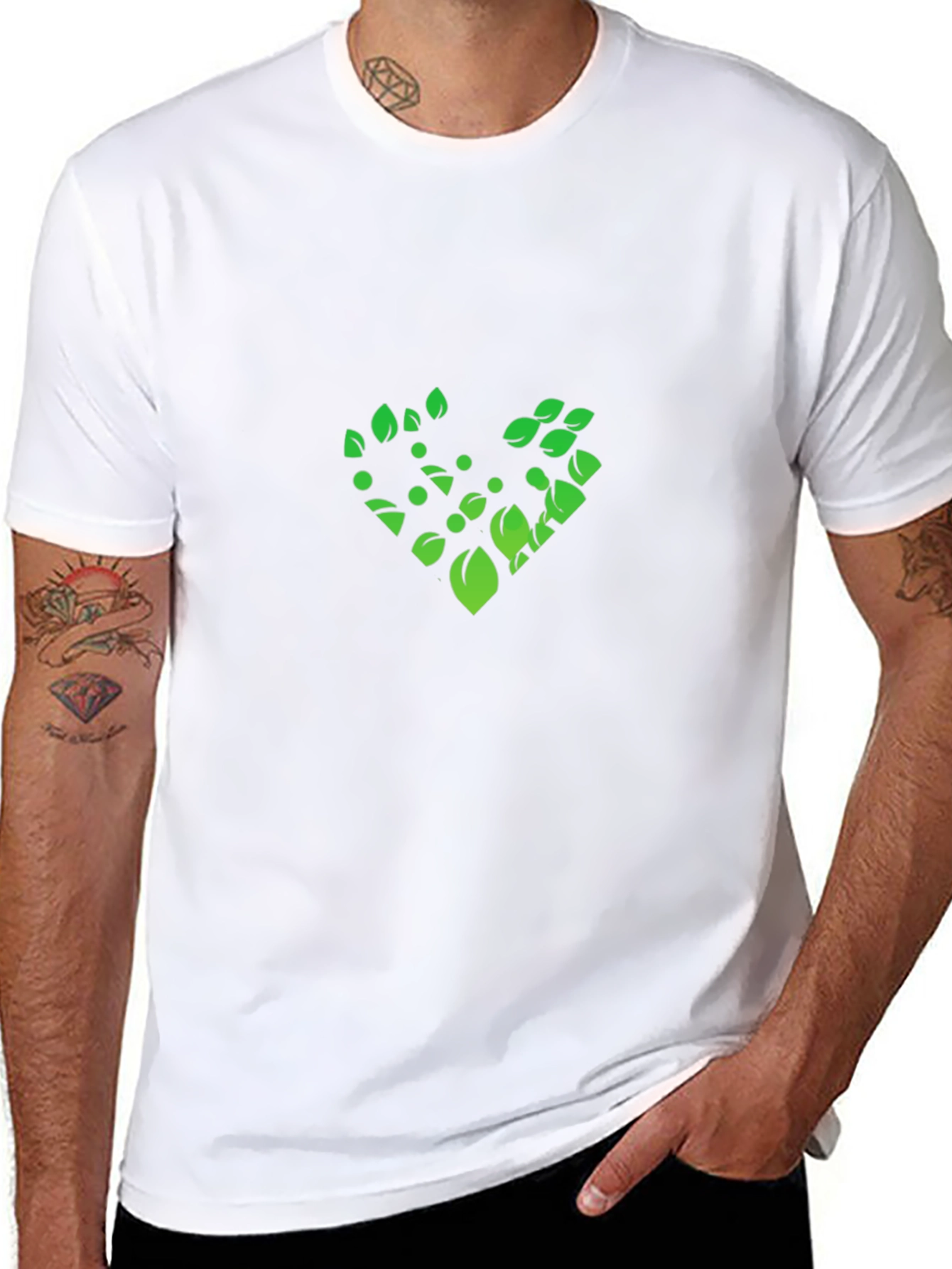 Green Leaf Heart Graphic Black T-Shirt