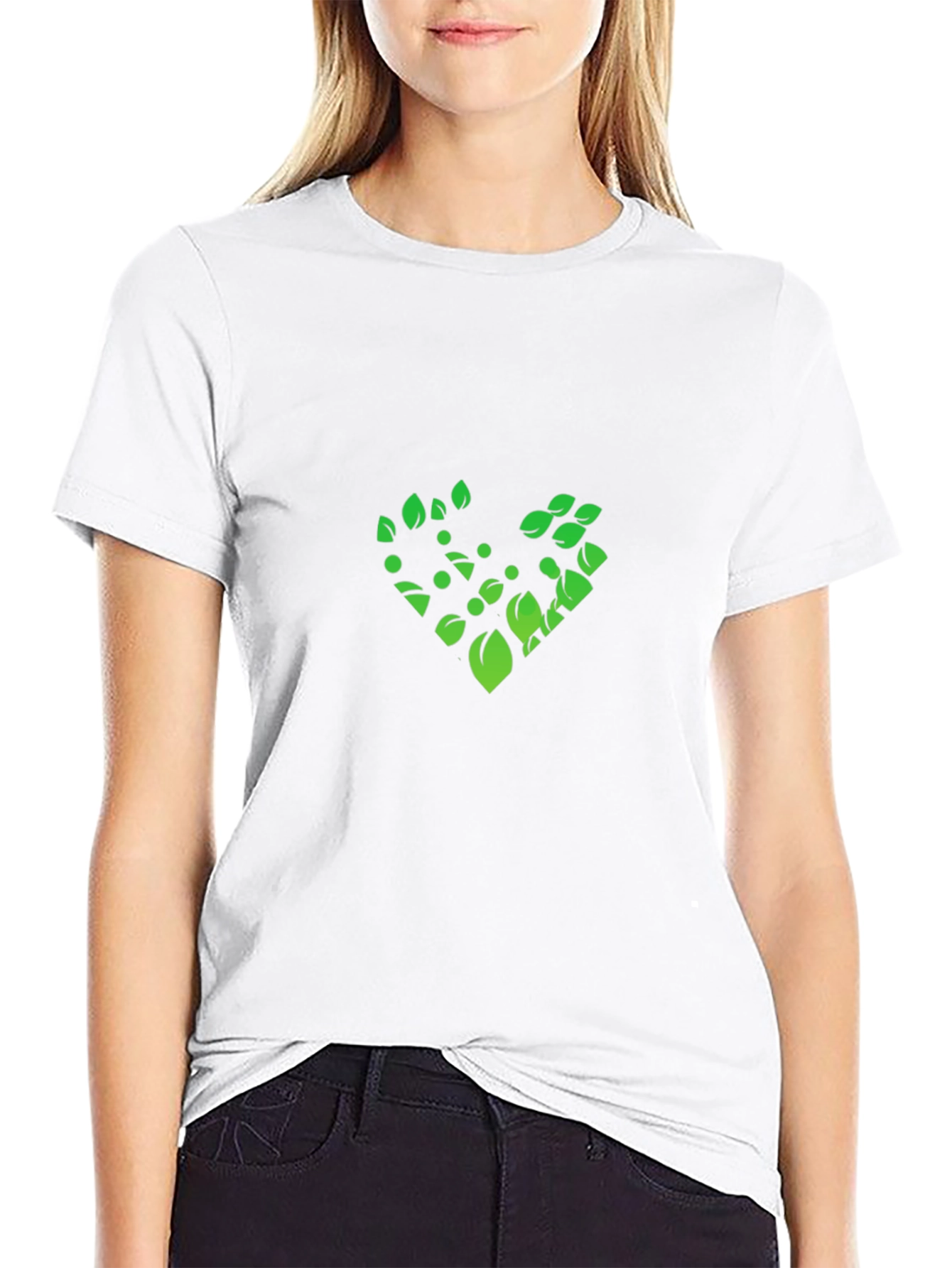 Green Leaf Heart Graphic Black T-Shirt