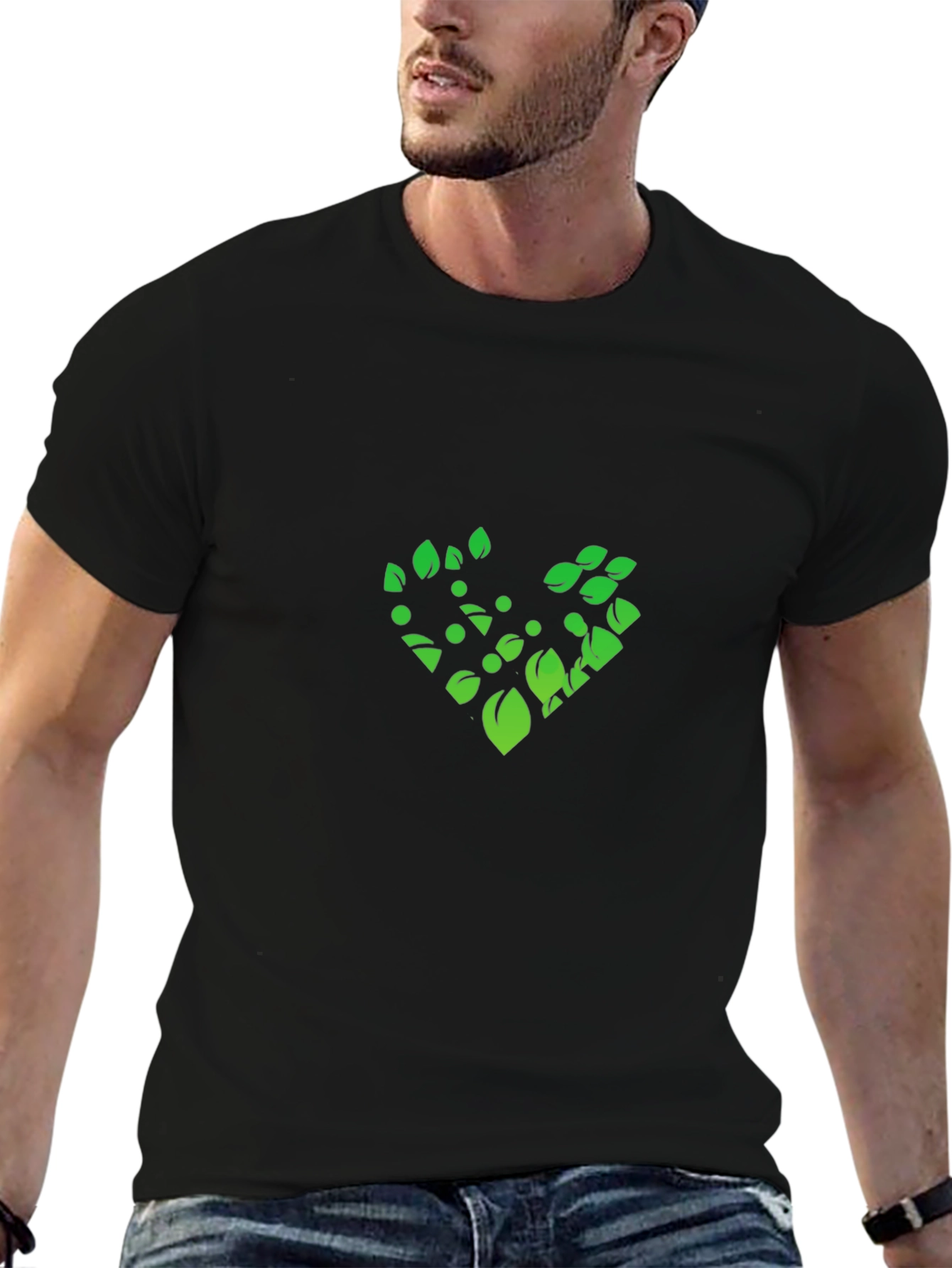 Green Leaf Heart Graphic Black T-Shirt